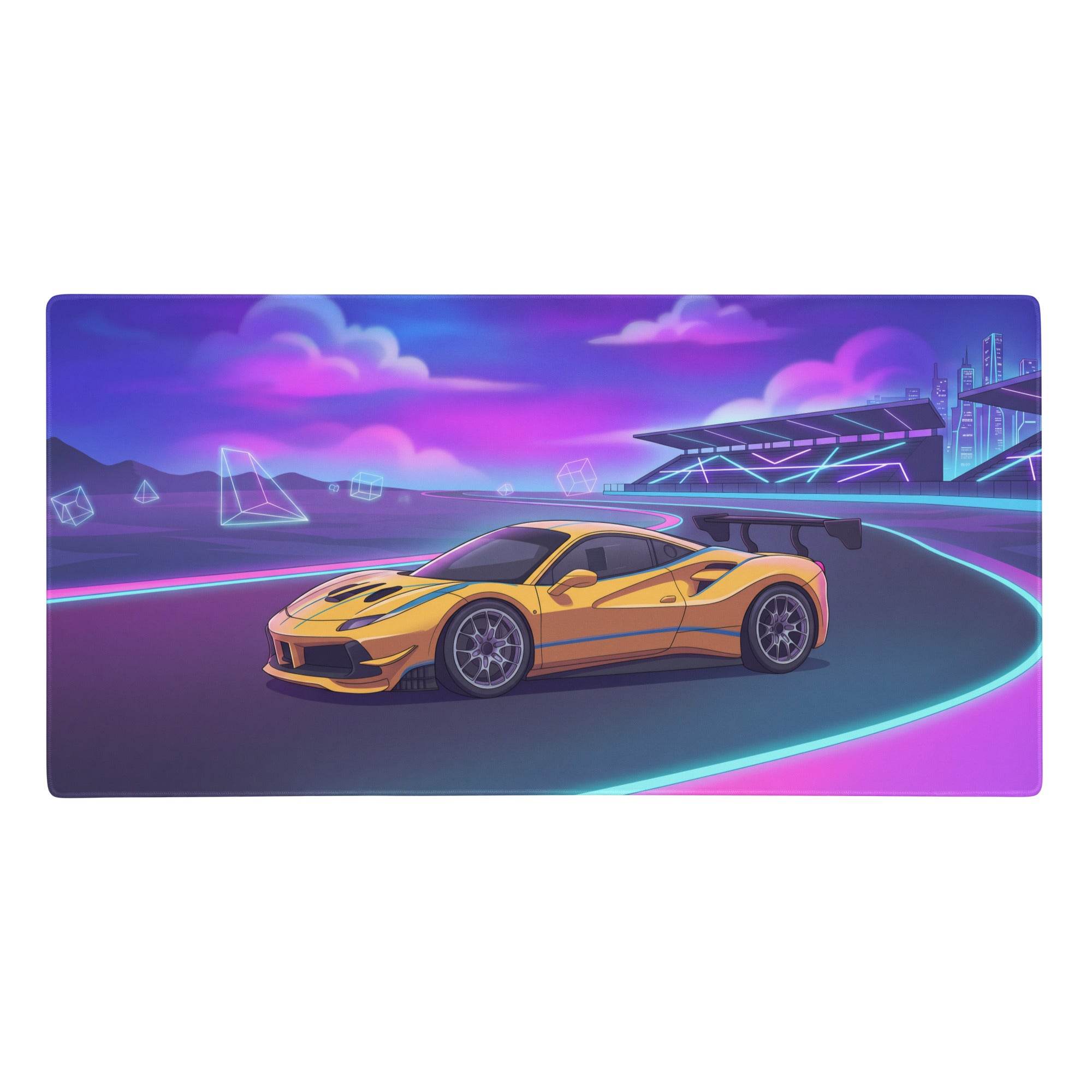 Yellow ferrari 488 challenge evo inspired vaporwave gaming mouse pad with neon racetrack digital art design