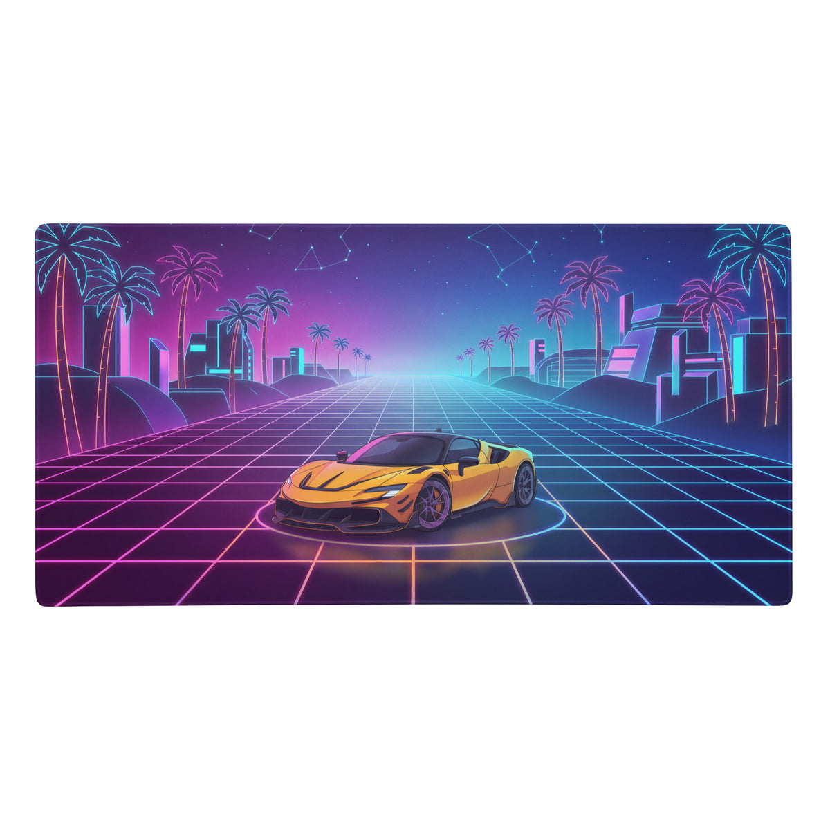 Vibrant yellow sports car with sleek aerodynamic design on ferrari sf90 stradale inspired vaporwave gaming mouse pad