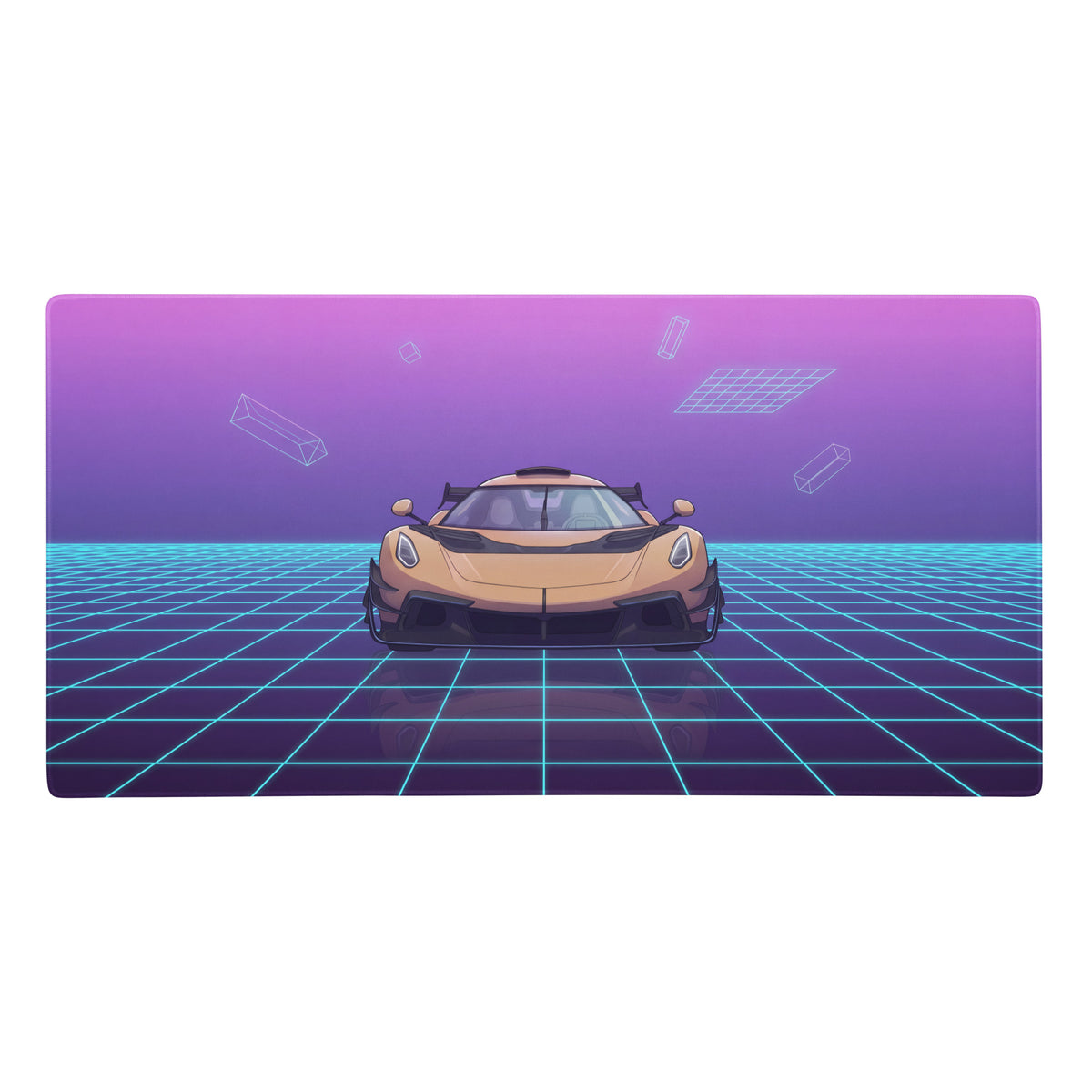 Koenigsegg jesko inspired gold cyan vaporwave gaming mouse pad with sleek tan sports car and neon purple blue grid background