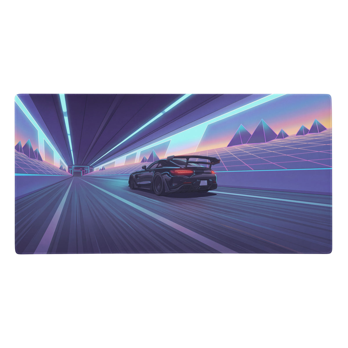 Nissan gt-r racing car in sleek black finish speeding through neon tunnel on mercedes-amg gt black series inspired vaporwave gaming mouse pad