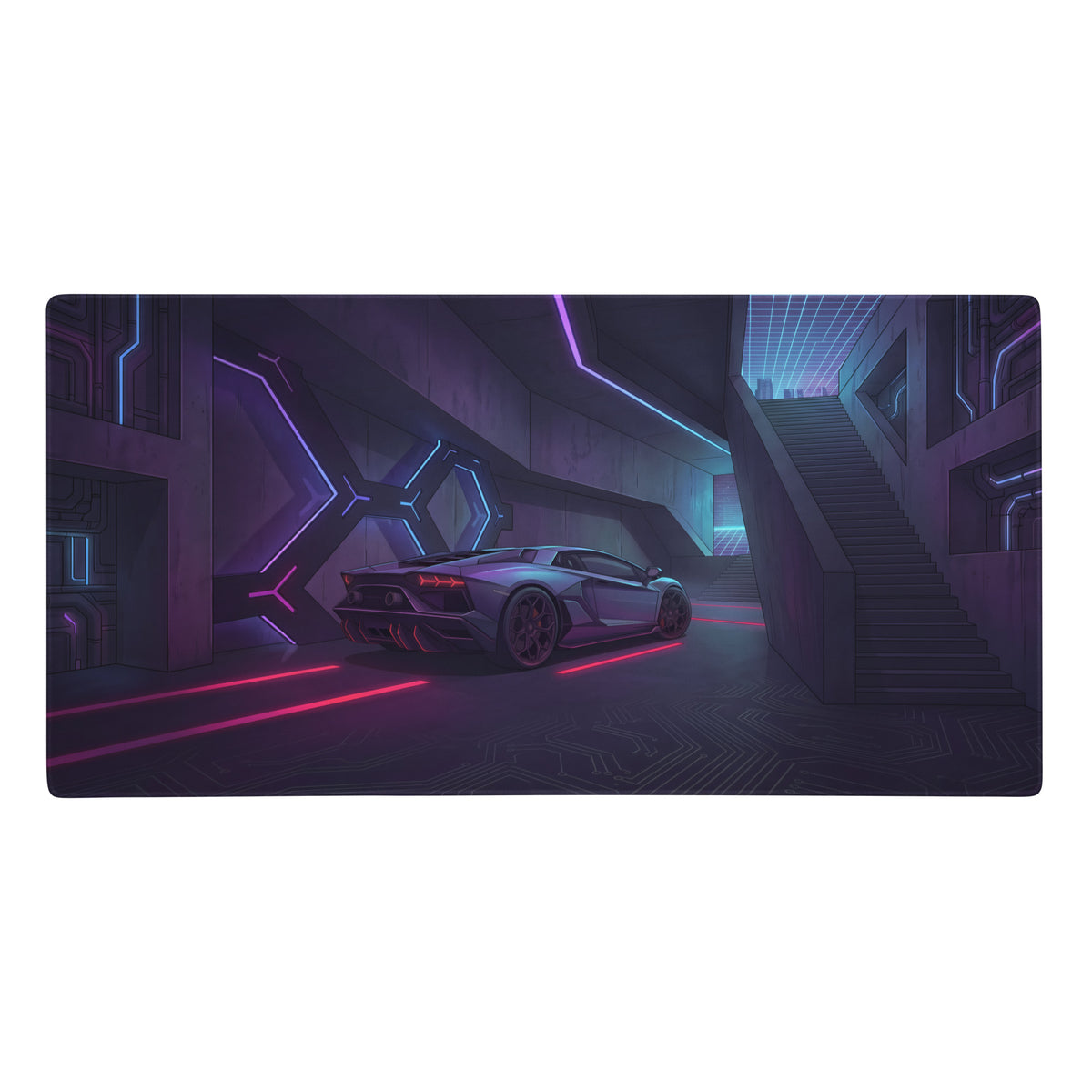 A sleek silver lamborghini-inspired gray purple vaporwave gaming mouse pad with neon pink cyberpunk corridor design