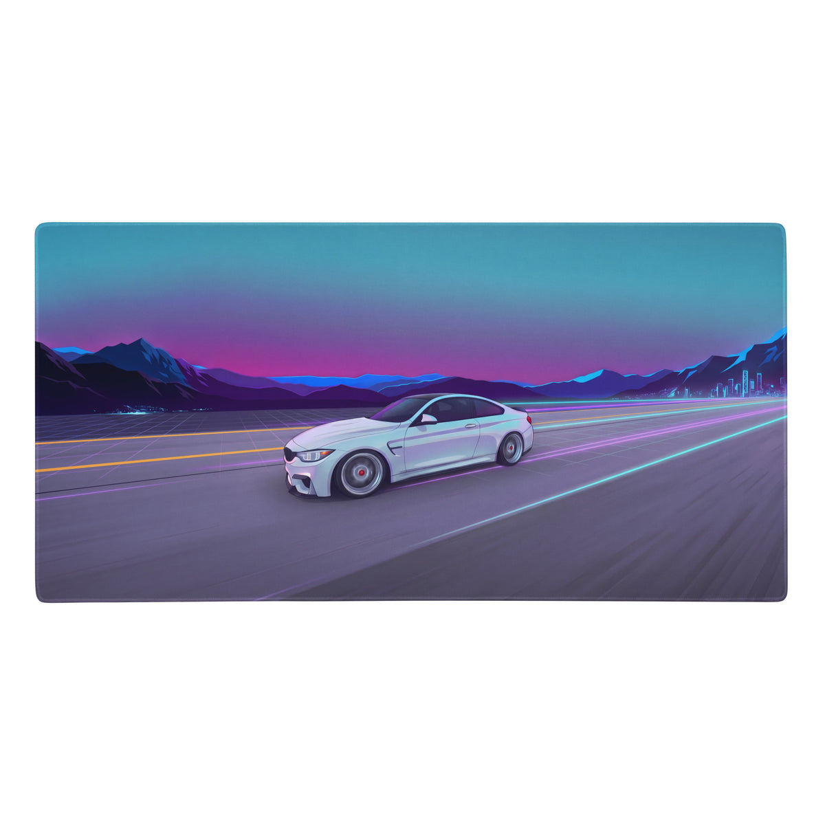 White BMW M4 coupe neon vaporwave gaming mouse pad with cyan purple highway design and retro futuristic mountain artwork