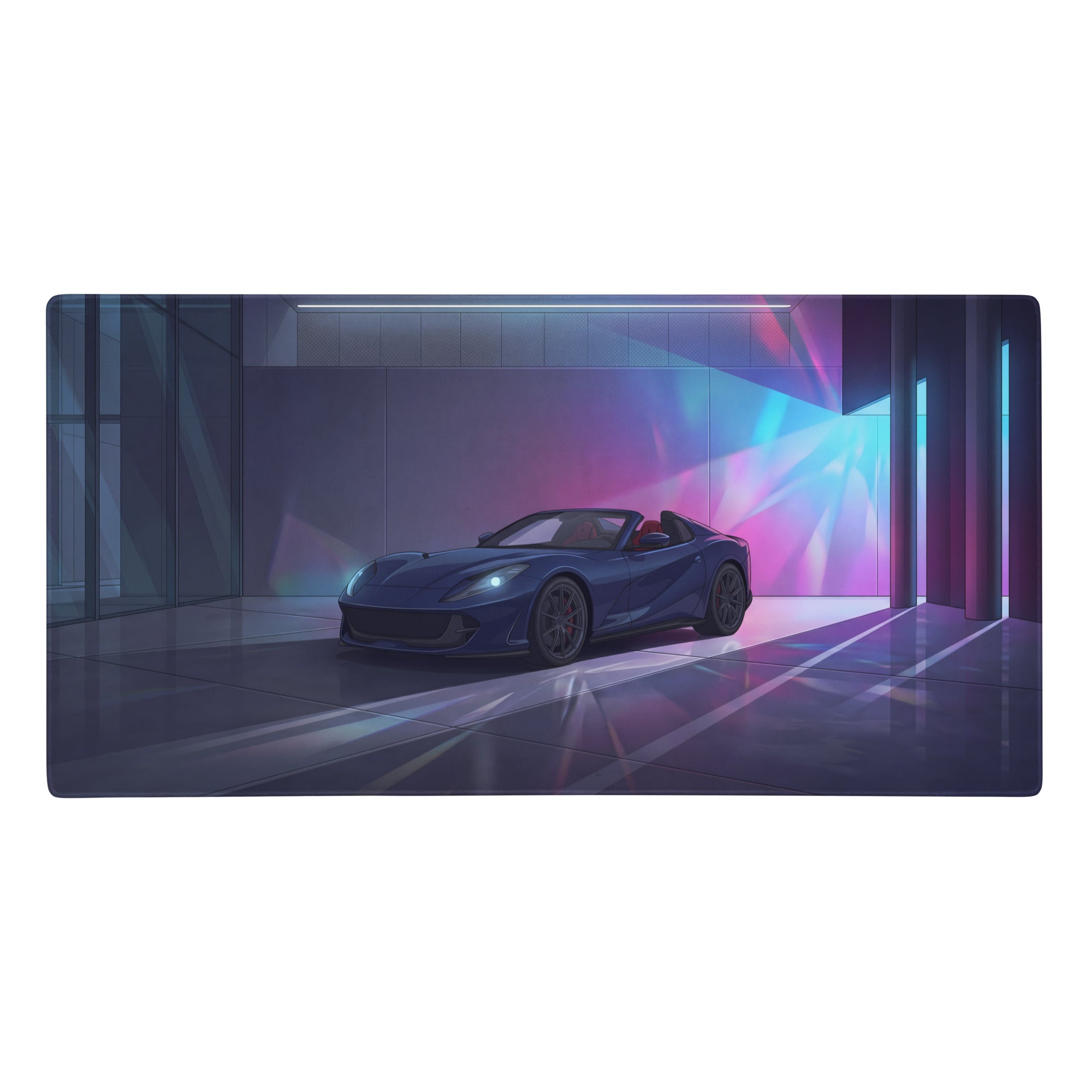 Ferrari 812 gts inspired blue purple vaporwave gaming mouse pad featuring a sleek blue ferrari 812 superfast convertible in a neon luxury garage