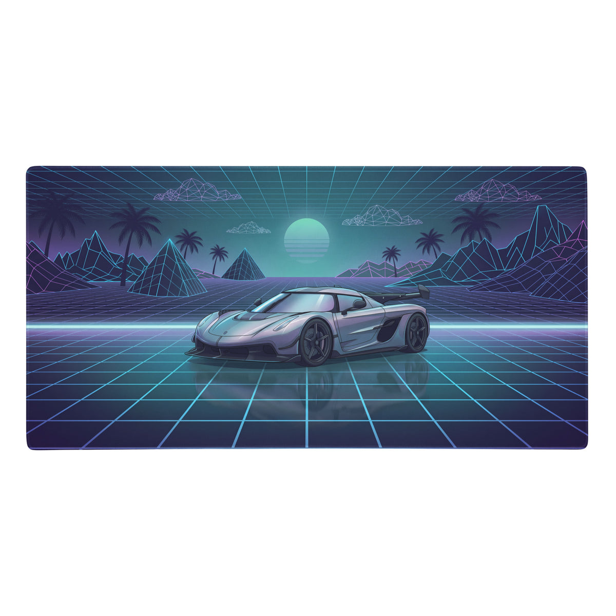 Koenigsegg jesko inspired silver blue vaporwave gaming mouse pad with sleek silver hypercar in neon grid landscape