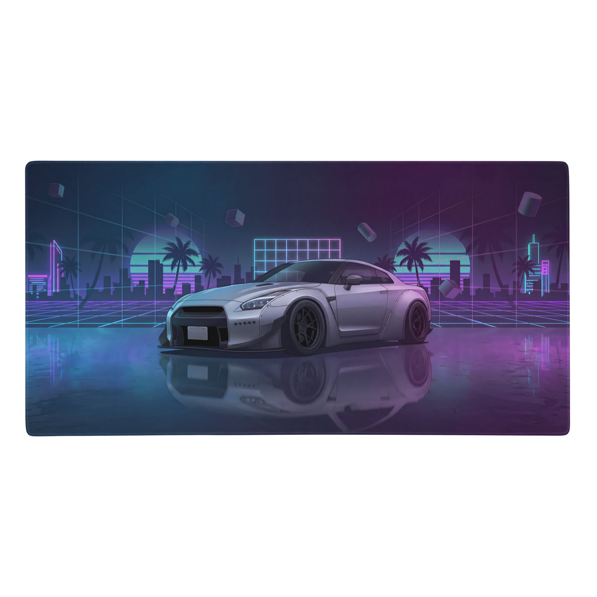 Silver nissan gt-r r35 inspired gaming mouse pad with black rims and neon cyberpunk cityscape vaporwave design