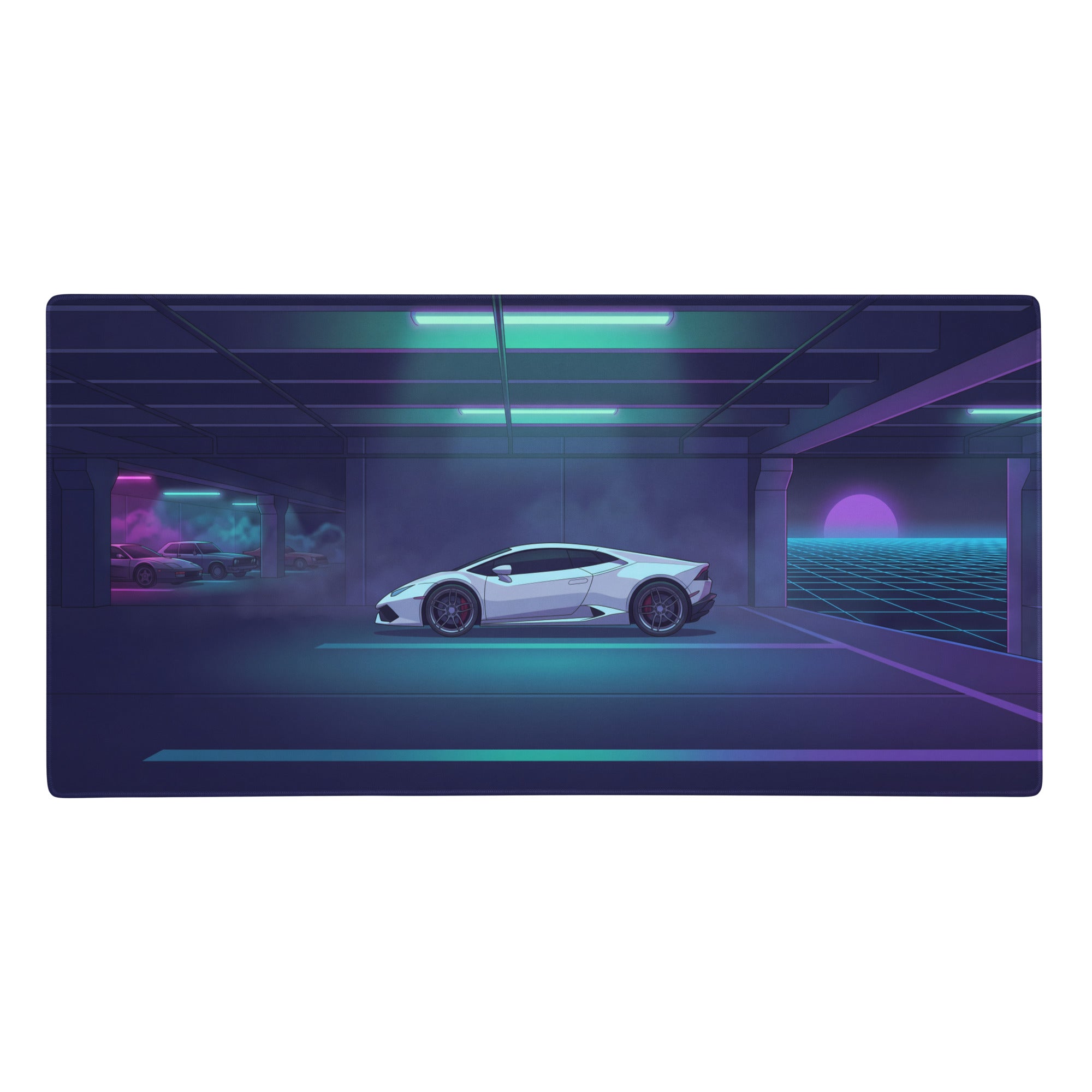 Lamborghini huracán evo inspired white cyan vaporwave gaming mouse pad with sleek white sports car in neon retro garage design