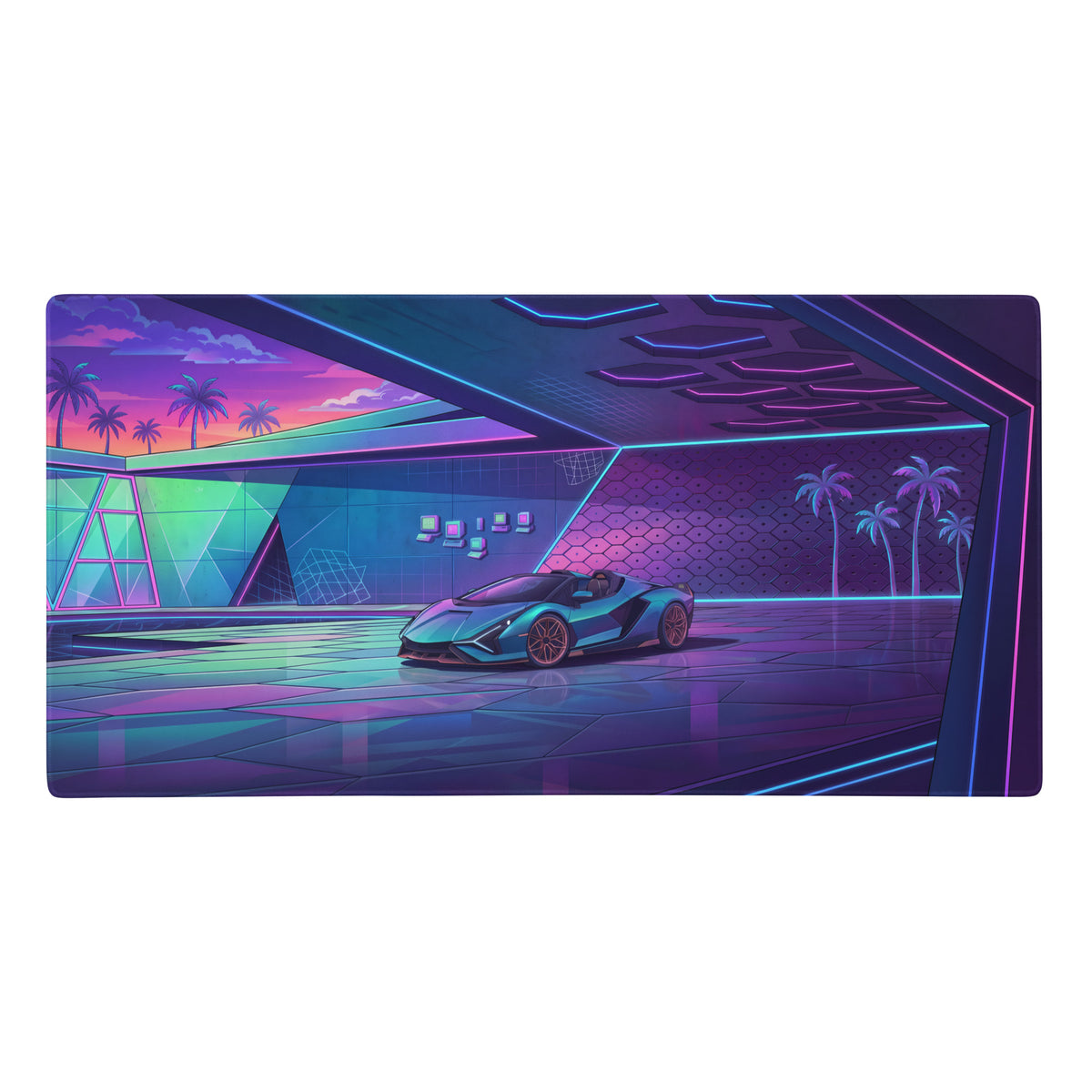 Lamborghini sián roadster inspired teal purple vaporwave gaming mouse pad with neon luxury garage supercar artwork