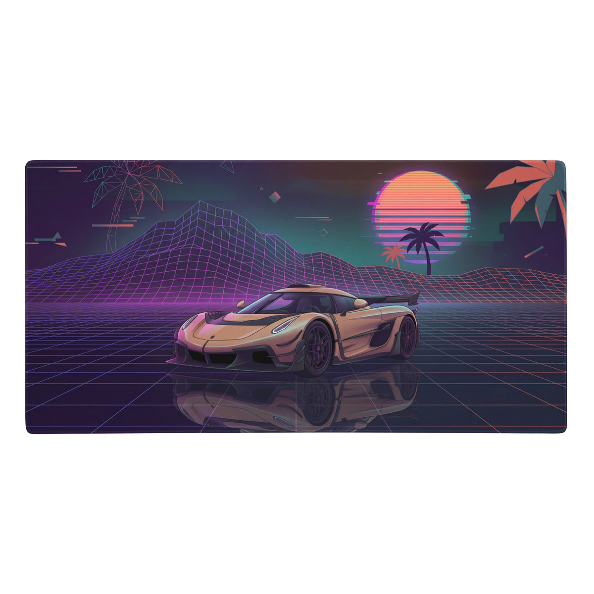 Koenigsegg Jesko inspired gold vaporwave gaming mouse pad with sleek hypercar neon retro sunset grid design