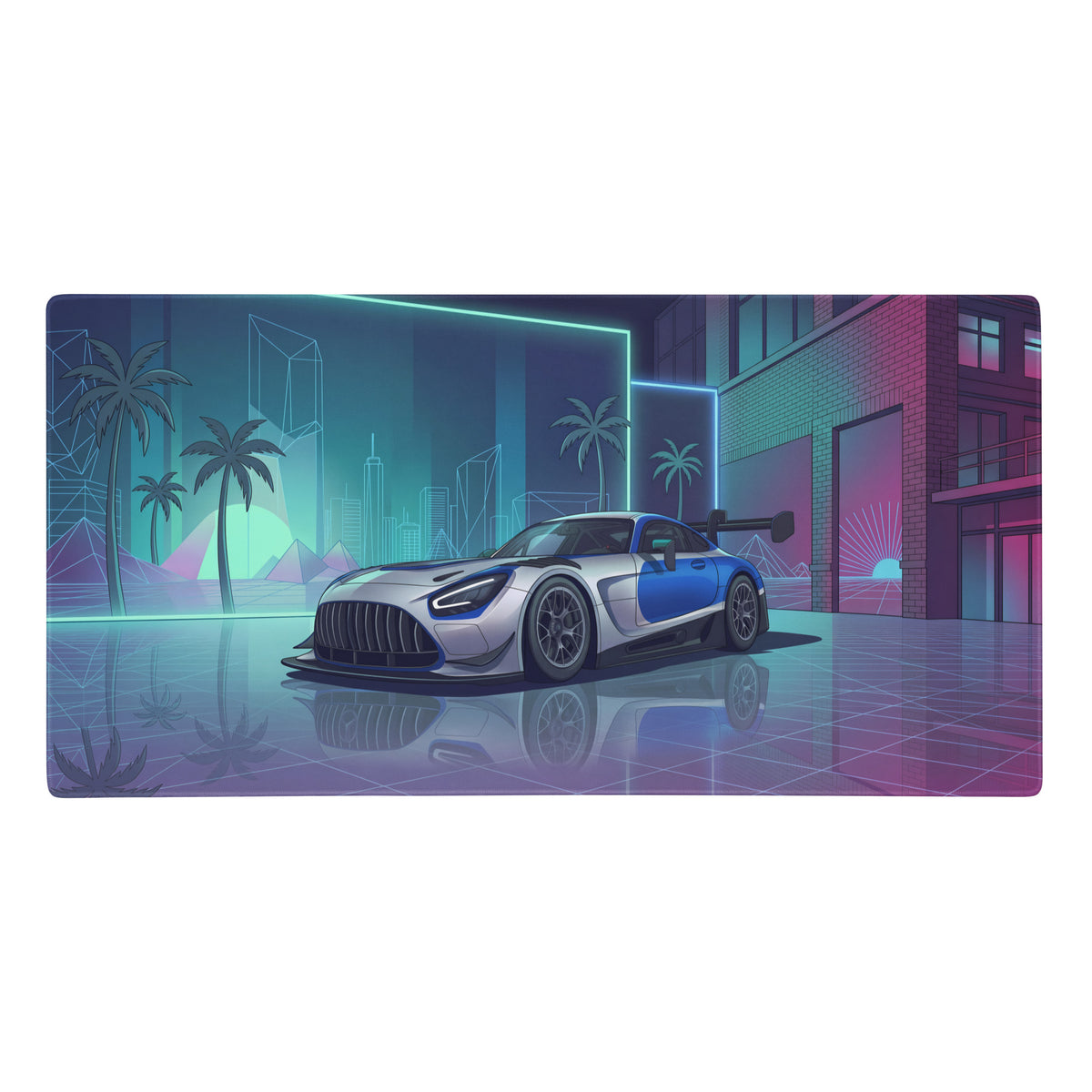 Mercedes-AMG GT3 inspired silver blue vaporwave gaming mouse pad with sleek sports car and neon futuristic design