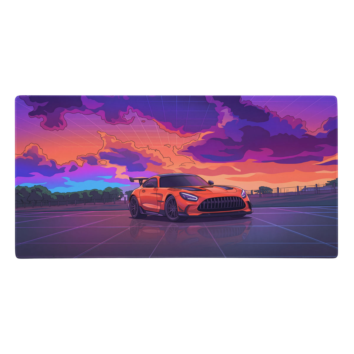 Mercedes-amg gt3 inspired orange purple vaporwave gaming mouse pad with vibrant orange sports car and neon sunset design