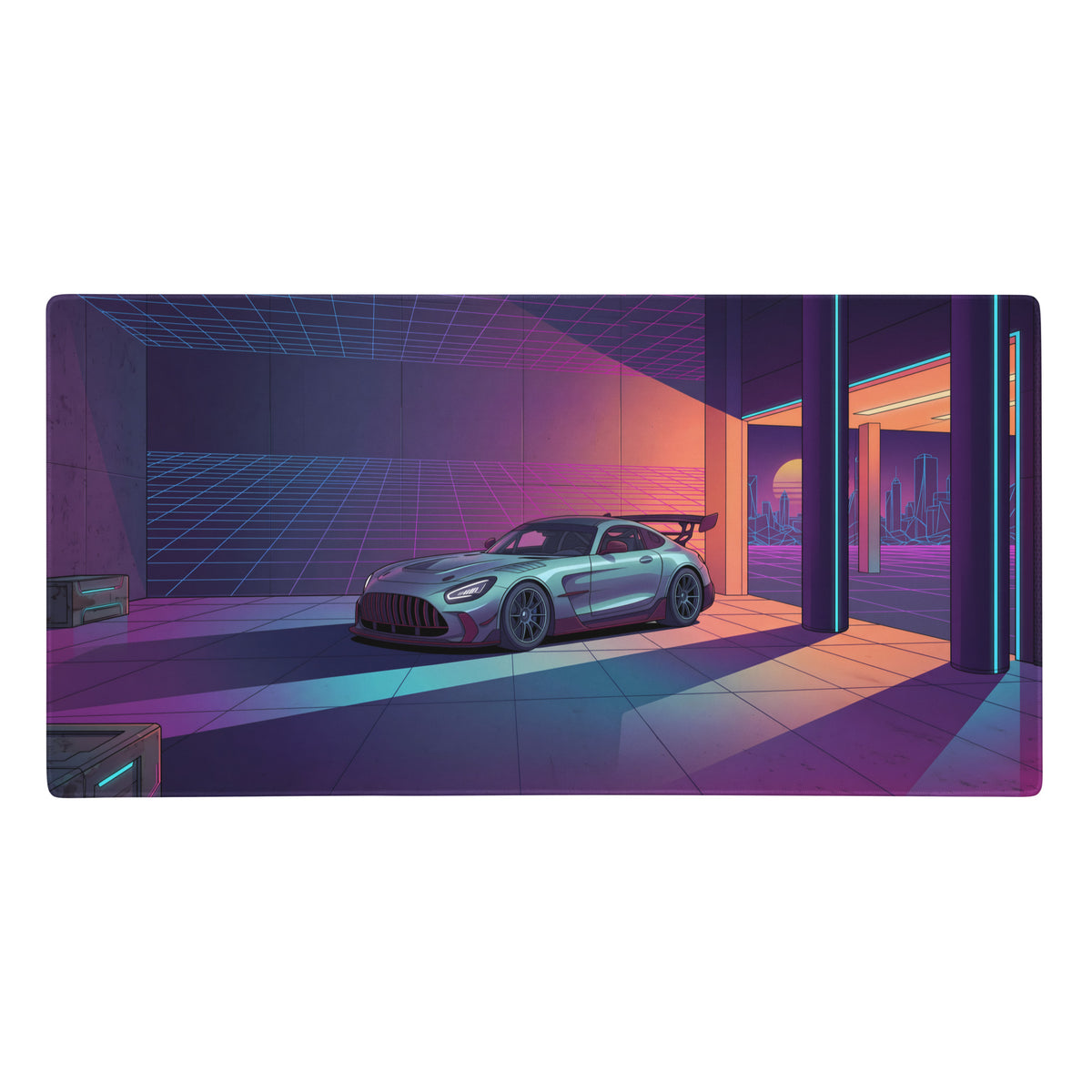 A silver mercedes-amg gt r sports car with a rear wing in a neon-lit garage on a vaporwave gaming mouse pad