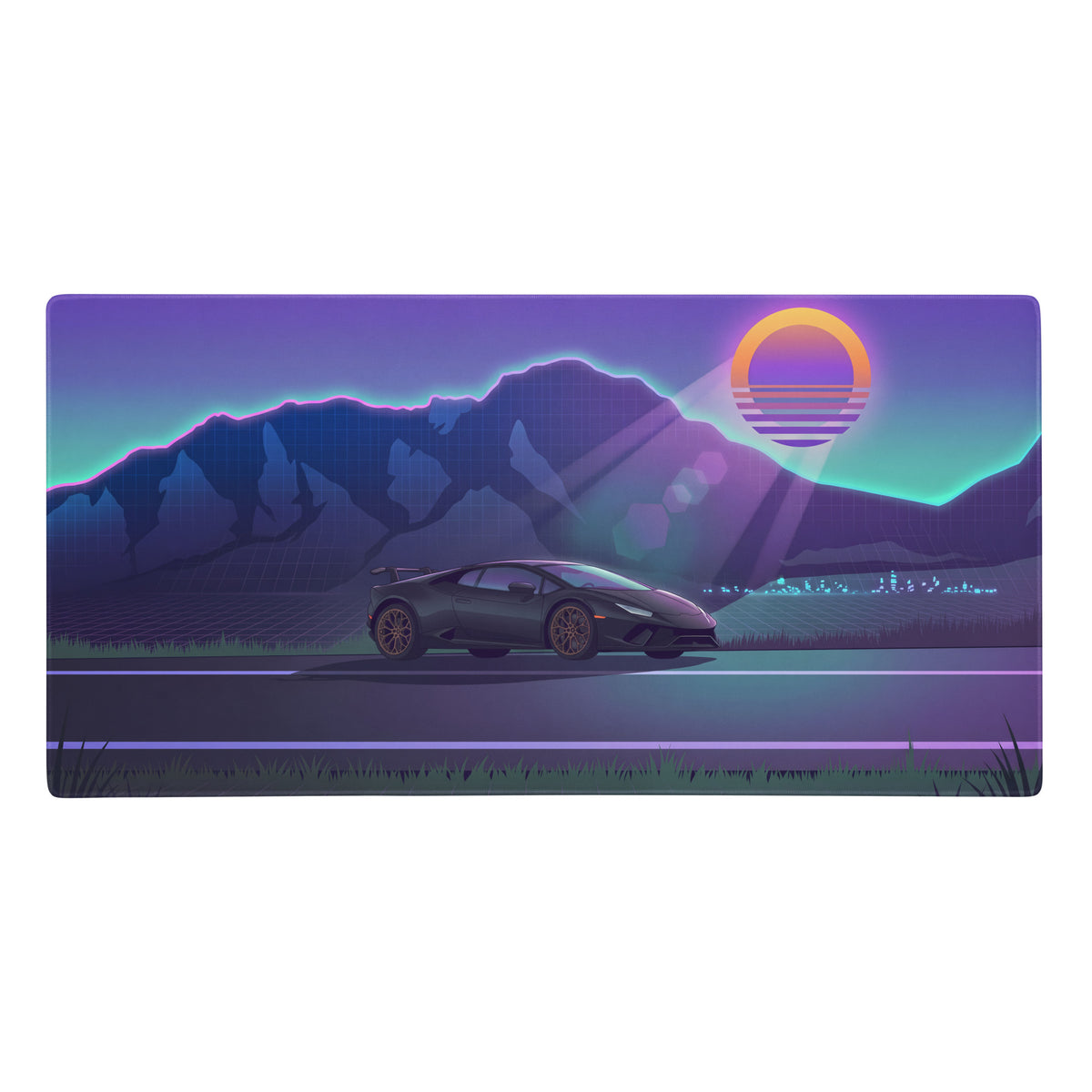Navy blue Lamborghini Huracán graphic gaming mouse pad with neon purple teal retro futuristic vaporwave mountain design