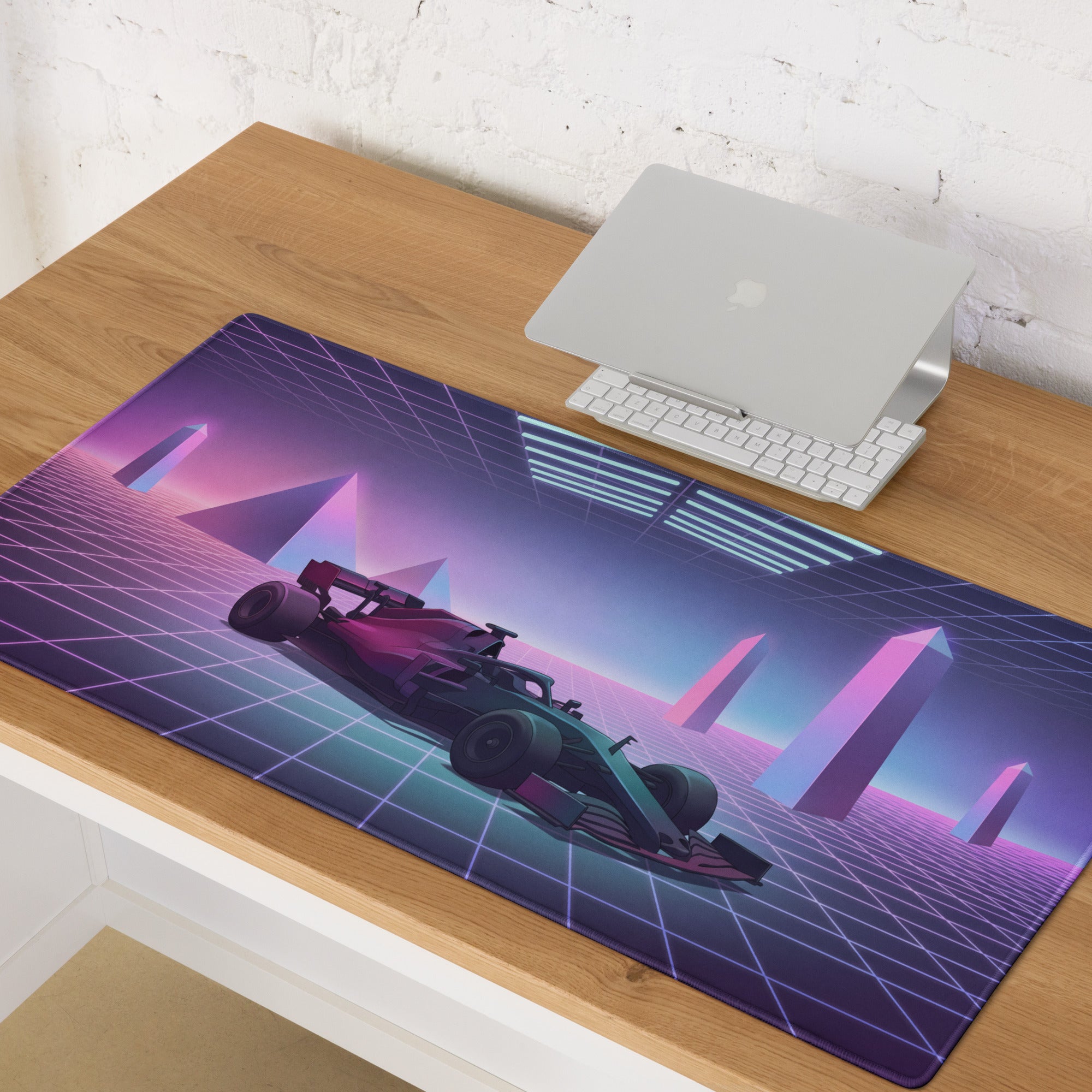 Formula 1 Race Car Inspired Red Teal Vaporwave Gaming Mouse Pad – Neon Retro Futuristic Grid Desk Mat with Synthwave Monuments and Racing Art