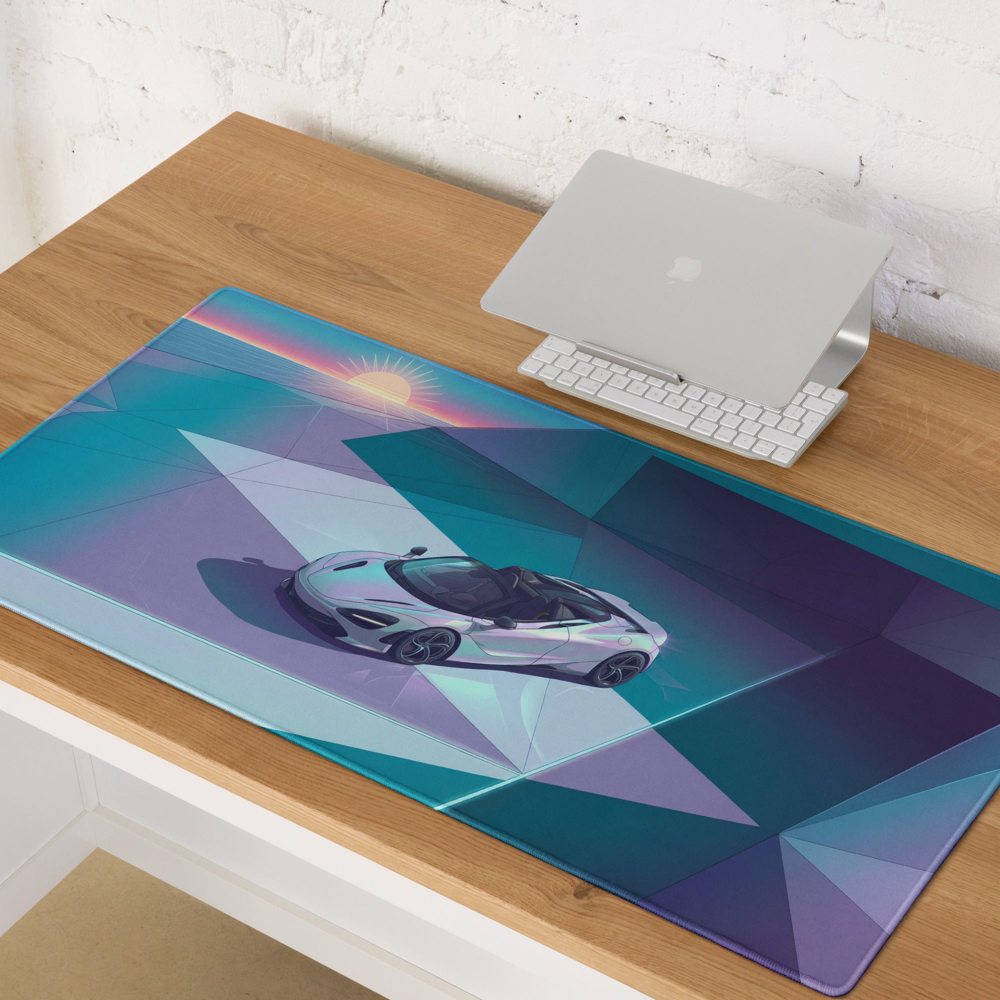 McLaren 720S Spider Inspired White Teal Vaporwave Gaming Mouse Pad – Retro Futuristic Geometric Sunset Desk Mat with Sleek Synthwave Art