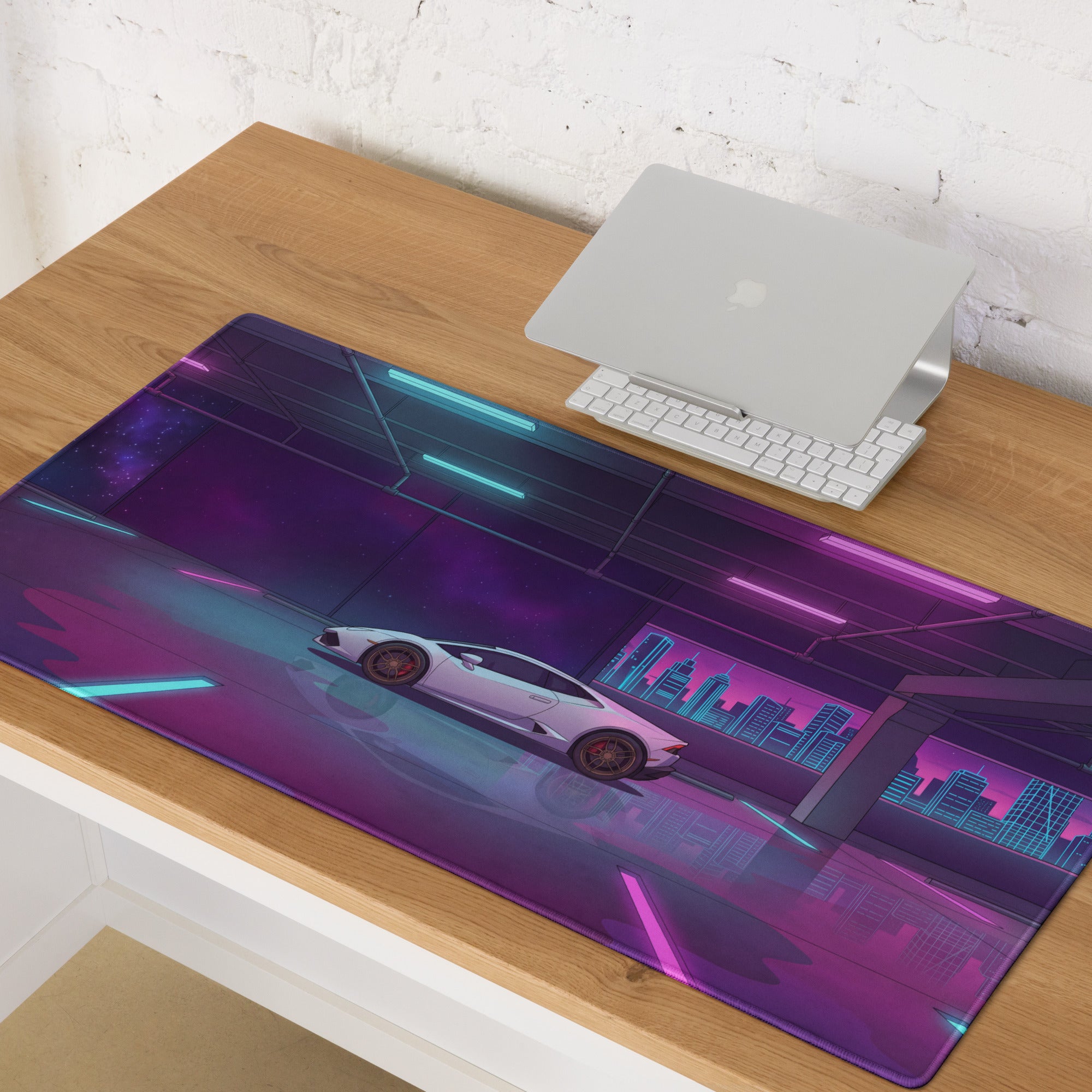 Lamborghini Huracán Inspired White Vaporwave Gaming Mouse Pad – Neon Pink and Cyan Parking Garage Desk Mat with Retro Futuristic Cityscape Art