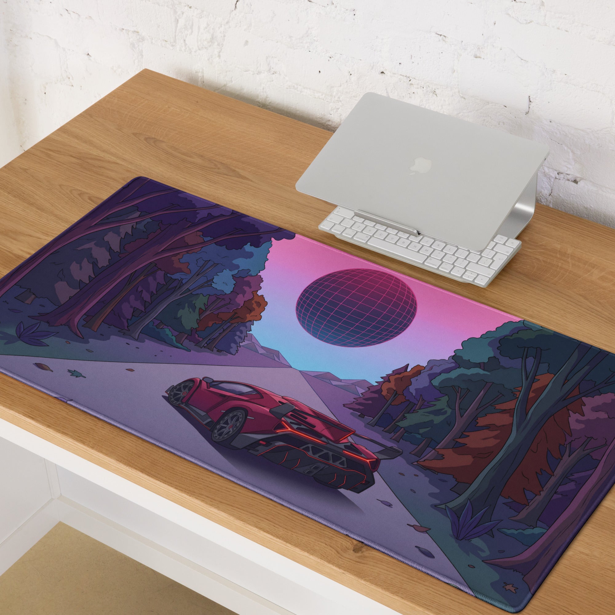 Lamborghini Essenza SCV12 Inspired Red Vaporwave Gaming Mouse Pad – Neon Forest Road Desk Mat with Retro Futuristic Synthwave Sunset Art