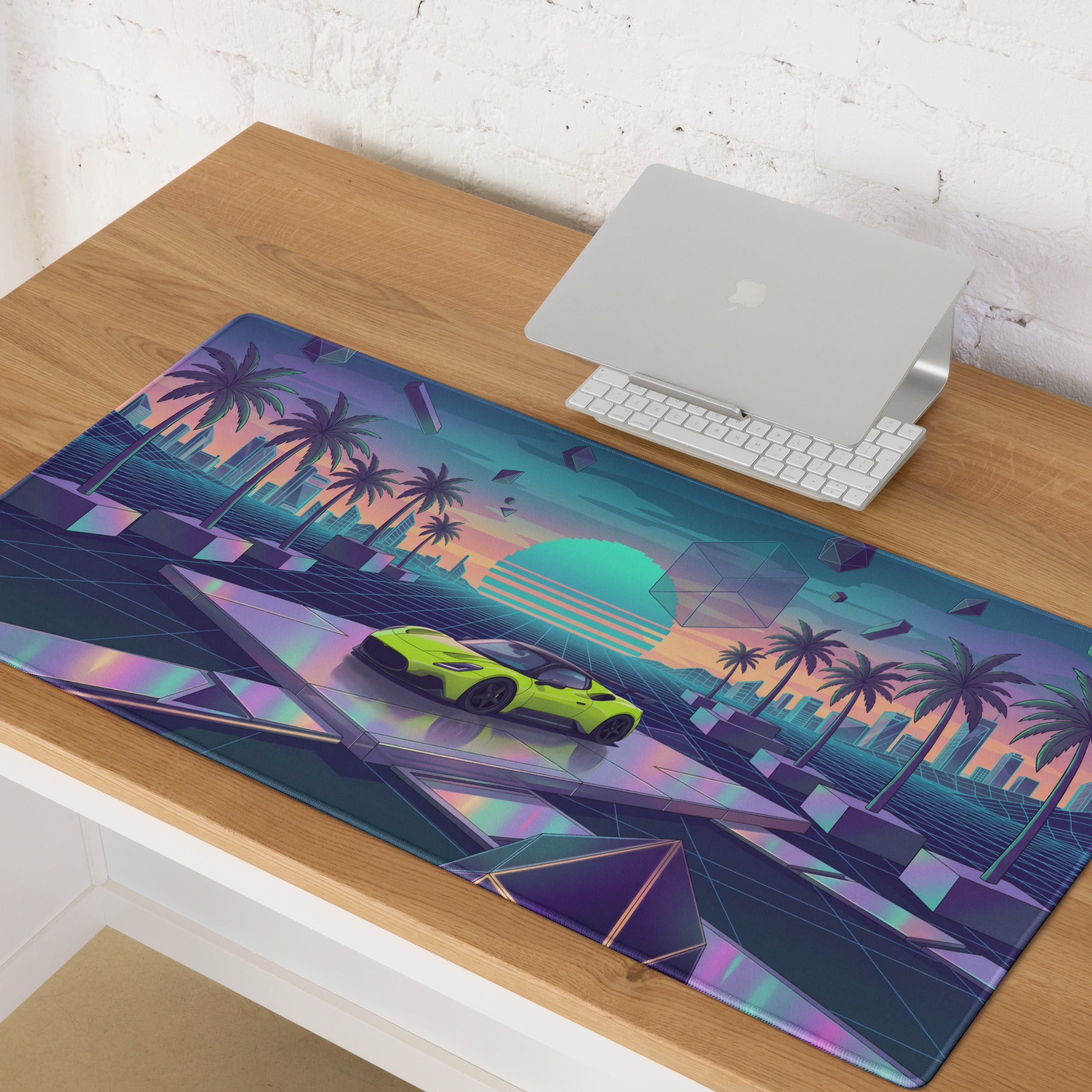 Maserati MC20 Inspired Lime Green Vaporwave Gaming Mouse Pad – Neon Retro Futuristic Cityscape Desk Mat with Palm Trees and Synthwave Art