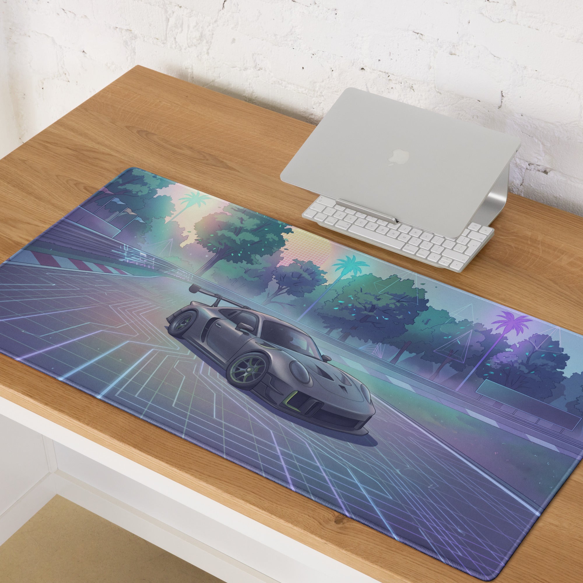 Porsche 911 GT3 R Inspired Silver Vaporwave Gaming Mouse Pad – Pastel Neon Racetrack Desk Mat with Tropical Trees and Futuristic Circuit Art