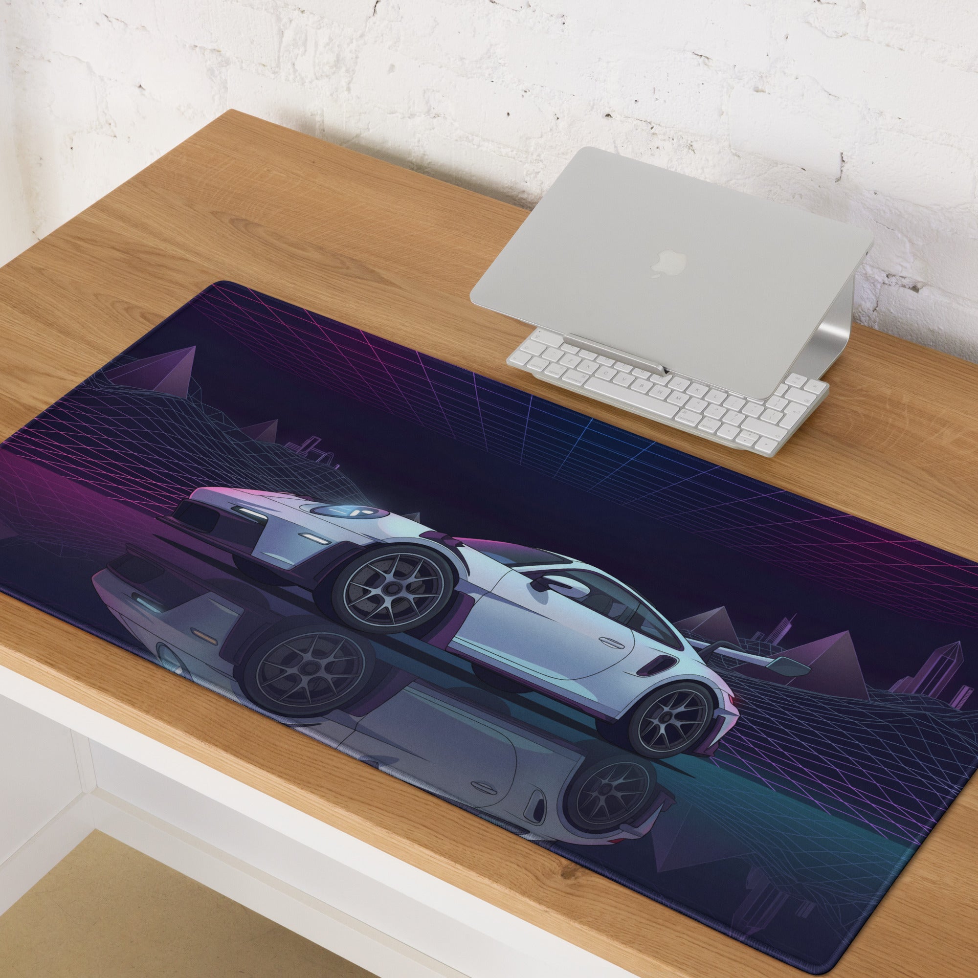 Porsche 911 GT3 RS Inspired White Vaporwave Gaming Mouse Pad – Neon Purple Grid Desk Mat with Retro Futuristic Mountains and Synthwave Racing Art