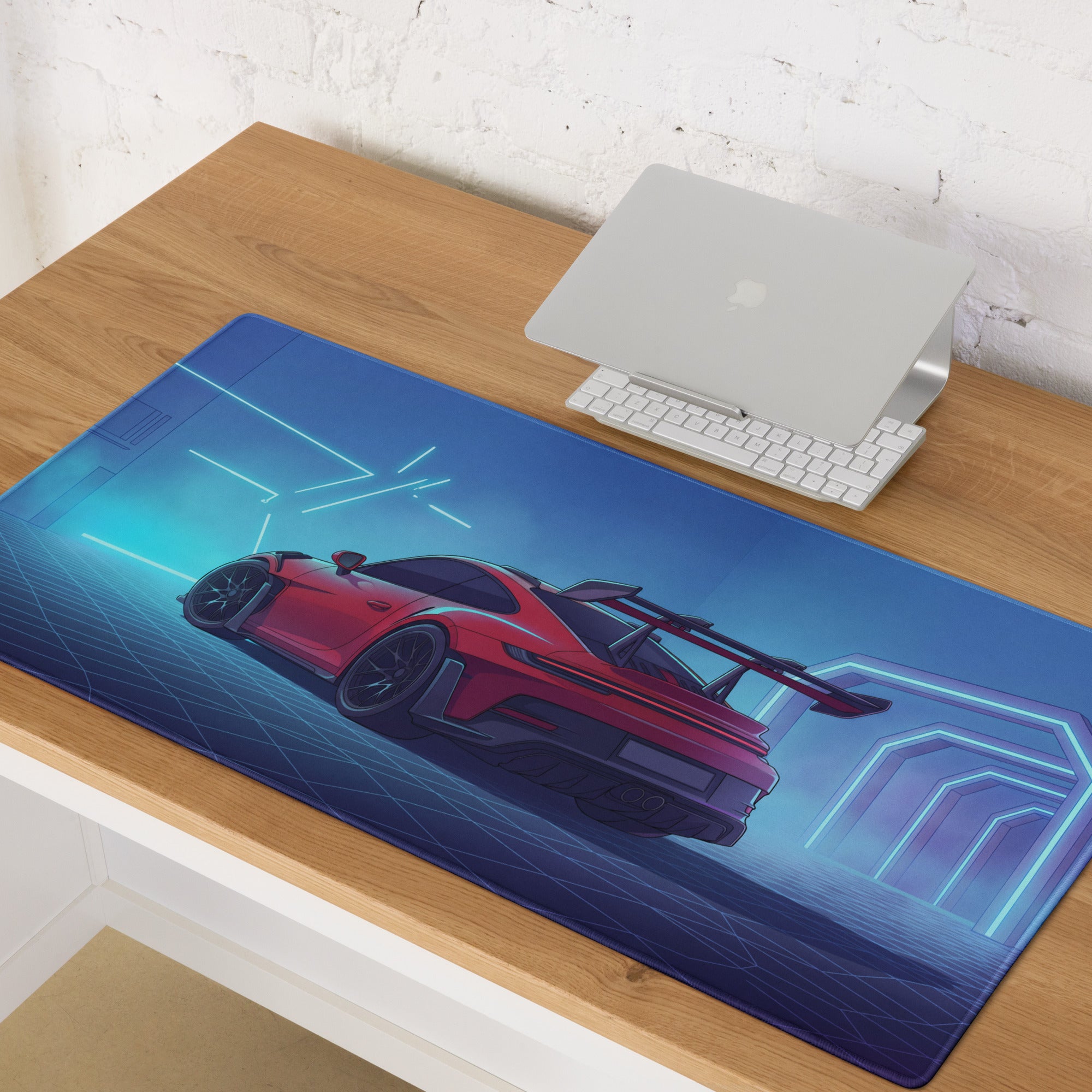 Porsche 911 GT3 RS Inspired Red Vaporwave Gaming Mouse Pad – Neon Cyan Futuristic Tunnel Desk Mat with Retro Grid, Moody Night and Synthwave Racing Art