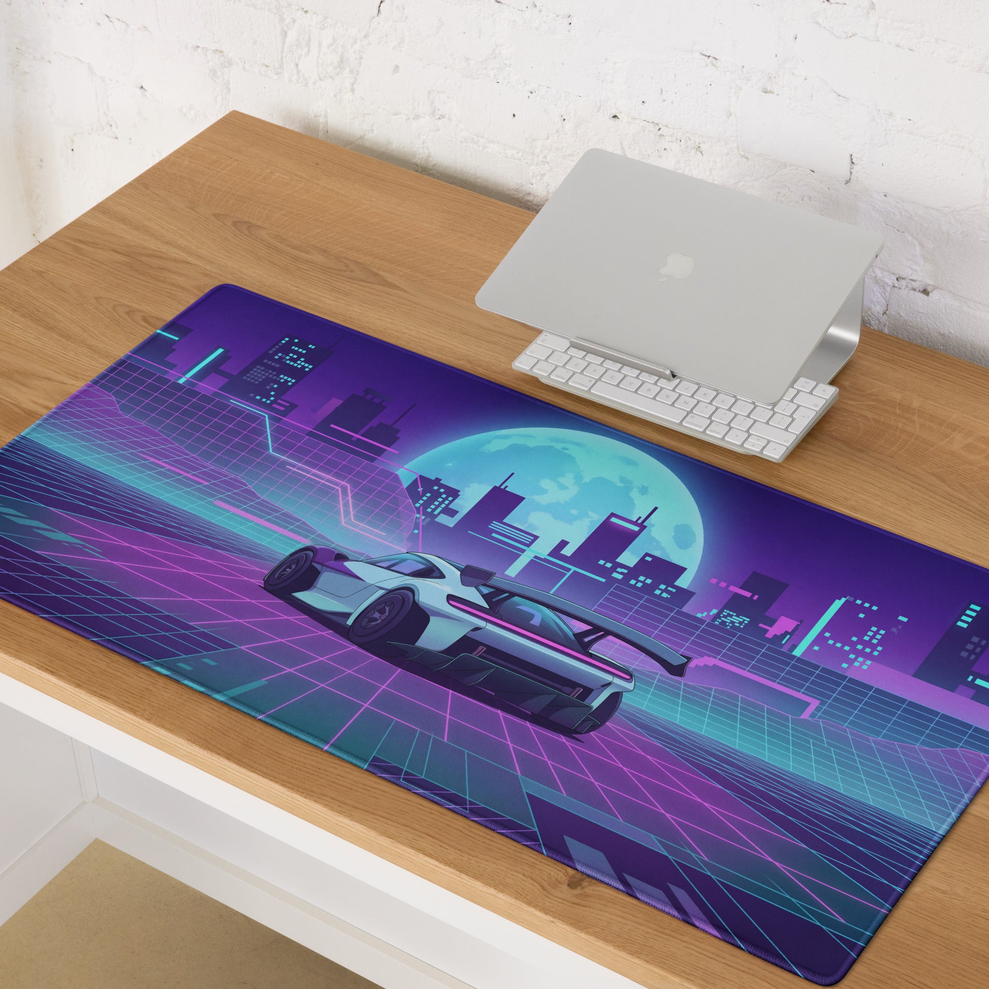 Porsche Mission R Inspired White Vaporwave Gaming Mouse Pad – Neon Pink Cyan City Grid Desk Mat with Full Moon and Retro Futuristic Synthwave Art