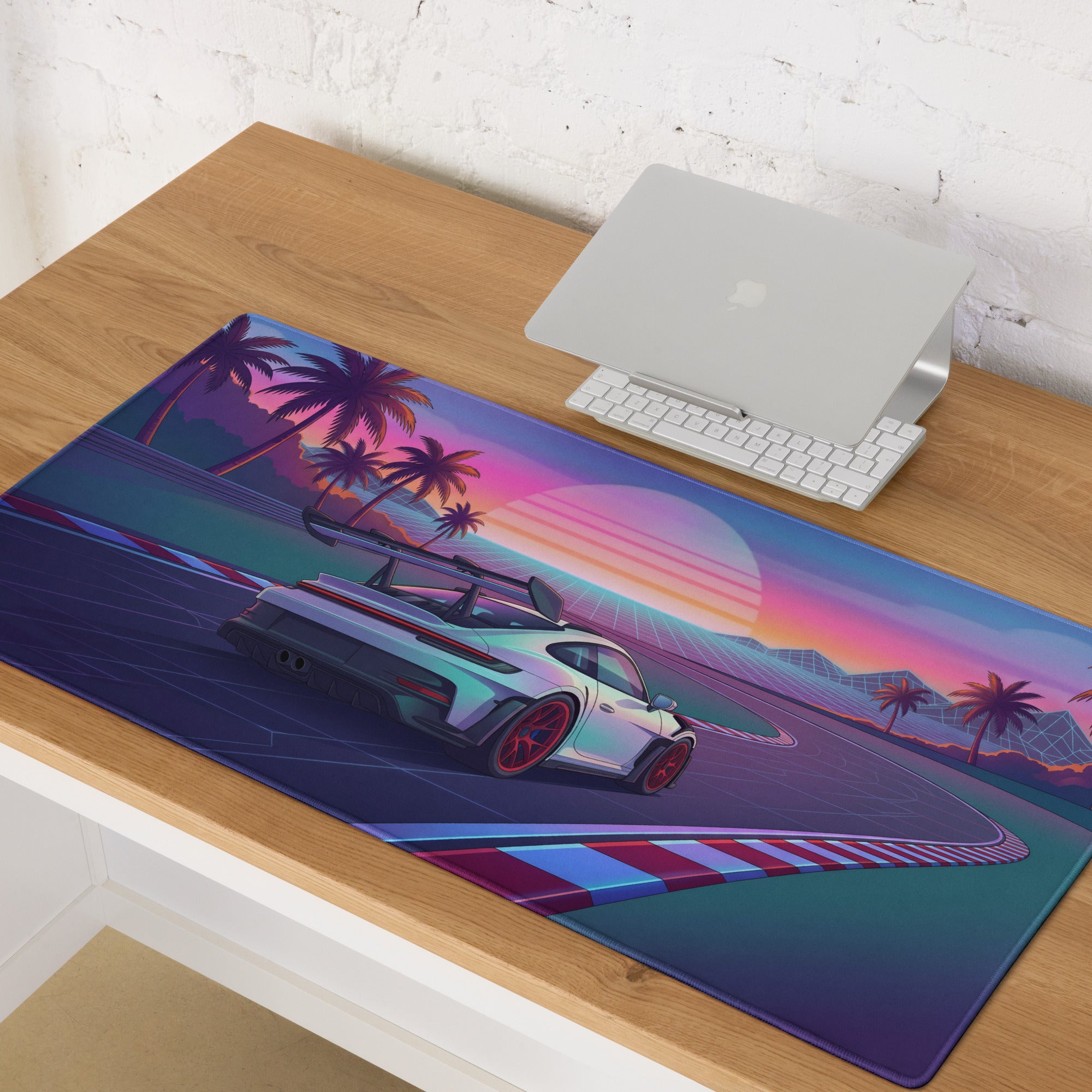 Porsche 911 GT3 RS Inspired White Red Vaporwave Gaming Mouse Pad – Tropical Sunset Racetrack Desk Mat with Palm Trees and Retro Futuristic Synthwave Art
