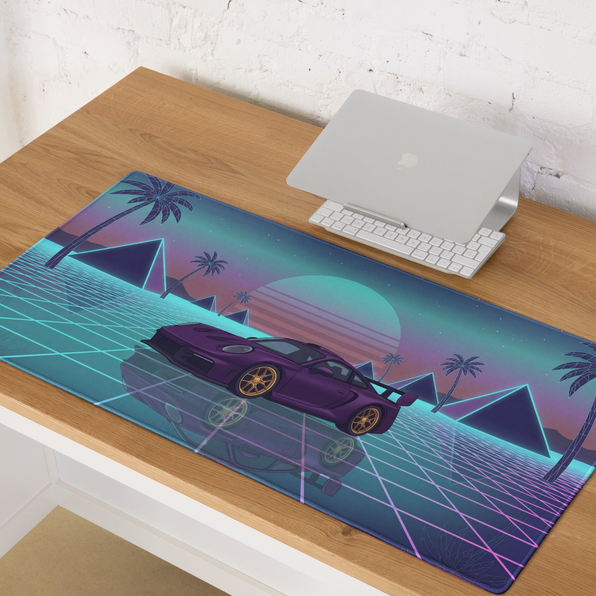 Porsche 911 GT3 Inspired Purple Vaporwave Gaming Mouse Pad – Neon Cyan Pink Grid Desk Mat with Palm Trees, Pyramids and Retro Synthwave Sunset Art
