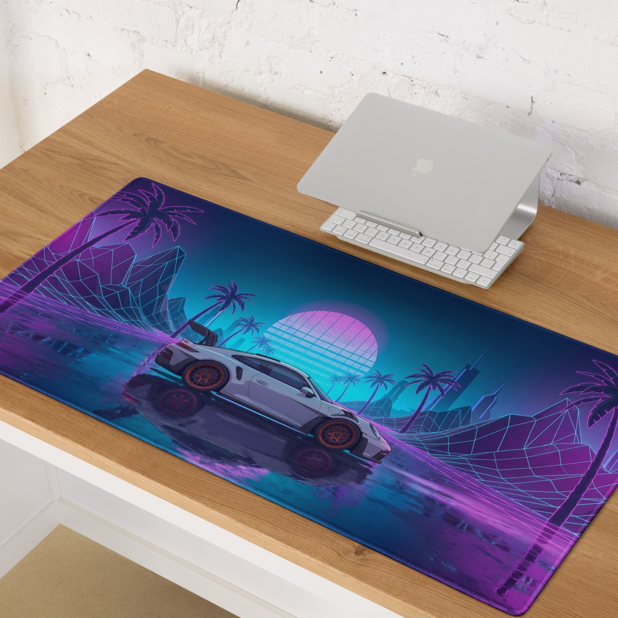 Porsche 911 GT3 RS Inspired White Vaporwave Gaming Mouse Pad – Neon Pink Cyan Grid Desk Mat with Palm Trees, Reflective Nightscape and Synthwave Art