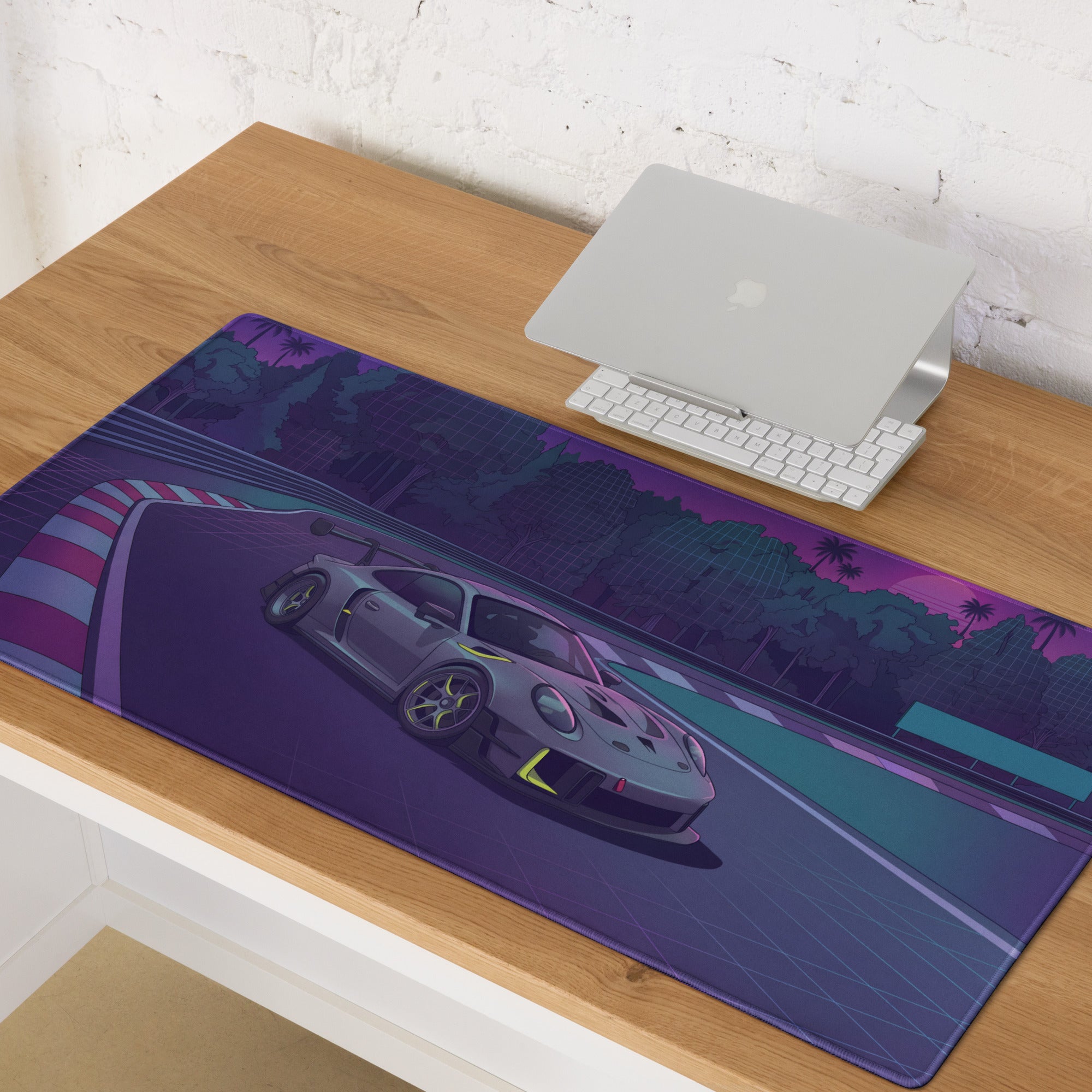 Porsche 911 GT3 R Inspired Gray Vaporwave Gaming Mouse Pad – Neon Purple Racetrack Desk Mat with Lime Accents, Tropical Forest and Synthwave Sunset Art