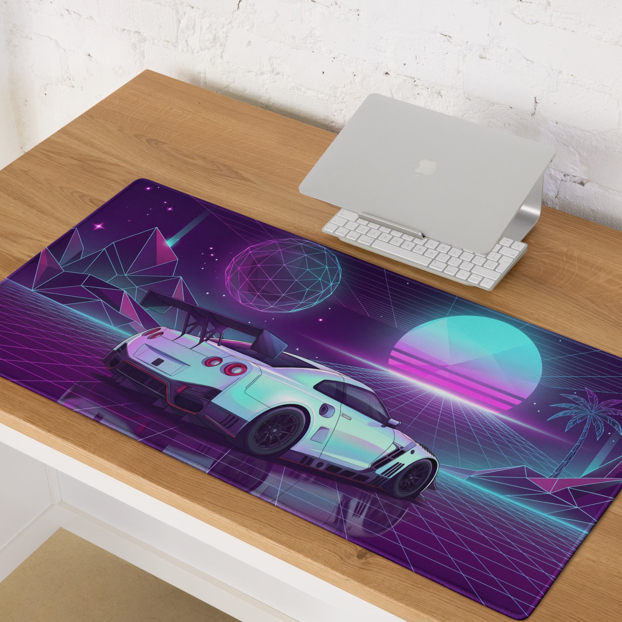 Nissan GT-R R35 Inspired White Vaporwave Gaming Mouse Pad – Neon Purple Cyan Grid Desk Mat with Geometric Mountains, Palm Tree and Synthwave Sunset Art