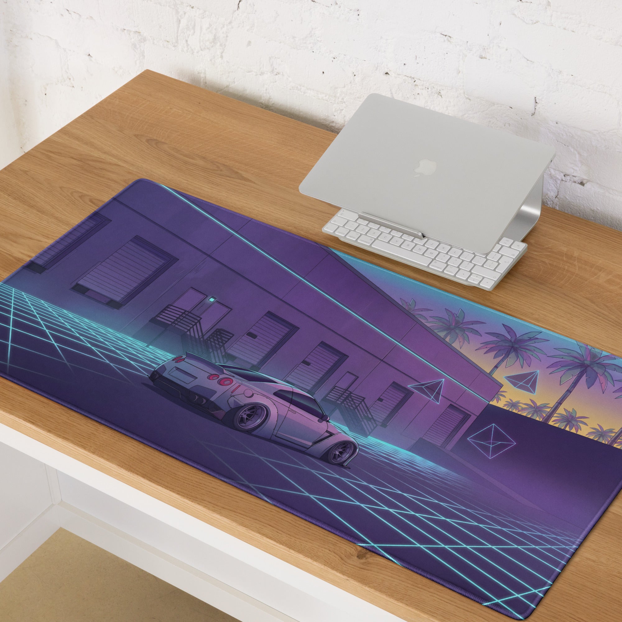 Nissan GT-R R35 Inspired Silver Vaporwave Gaming Mouse Pad – Neon Cyan Grid Warehouse Desk Mat with Palm Trees and Retro Futuristic Synthwave Art
