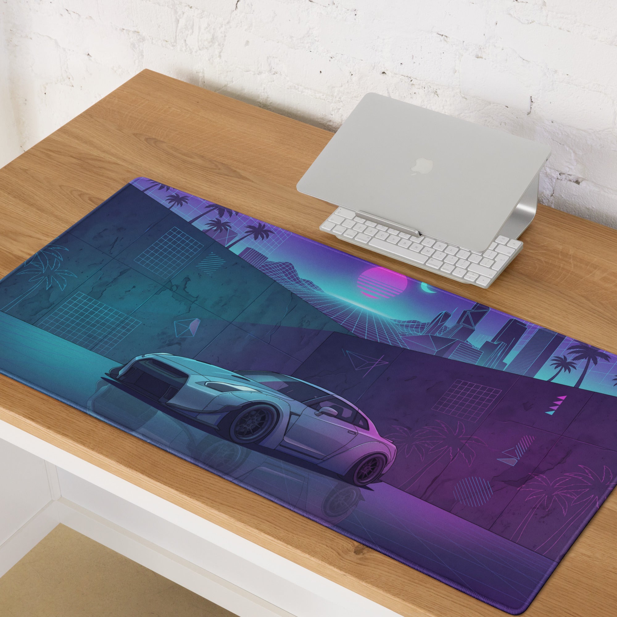 Nissan GT-R R35 Inspired Silver Vaporwave Gaming Mouse Pad – Neon Cyan Purple City Grid Desk Mat with Palm Trees and Retro Futuristic Synthwave Art