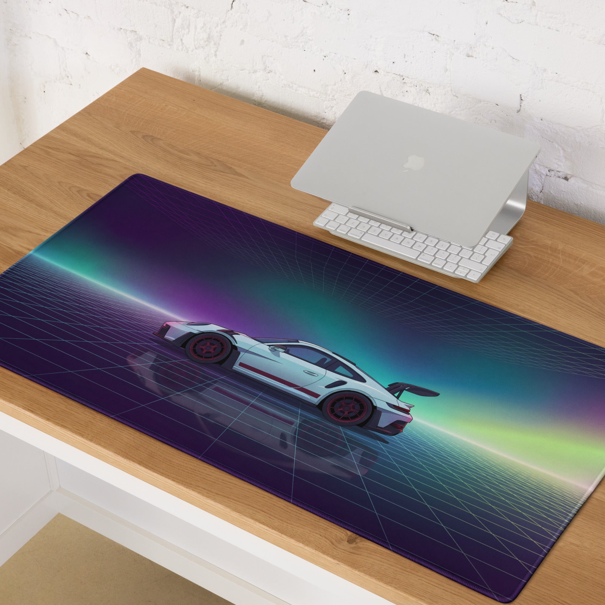 Porsche 911 GT3 RS Inspired White Purple Vaporwave Gaming Mouse Pad – Neon Aurora Grid Desk Mat with Retro Futuristic Reflection Art