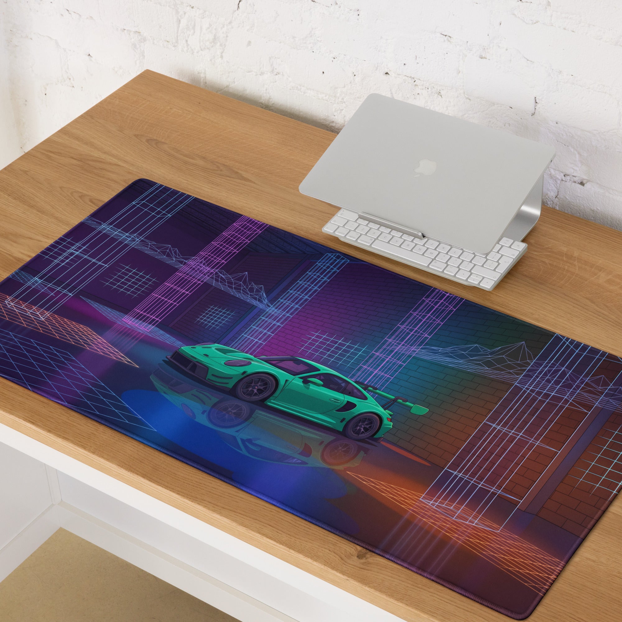 Porsche 911 GT3 RS Inspired Green Vaporwave Gaming Mouse Pad – Neon Cyberpunk Grid Showroom Desk Mat with Retro Futuristic Synthwave Art