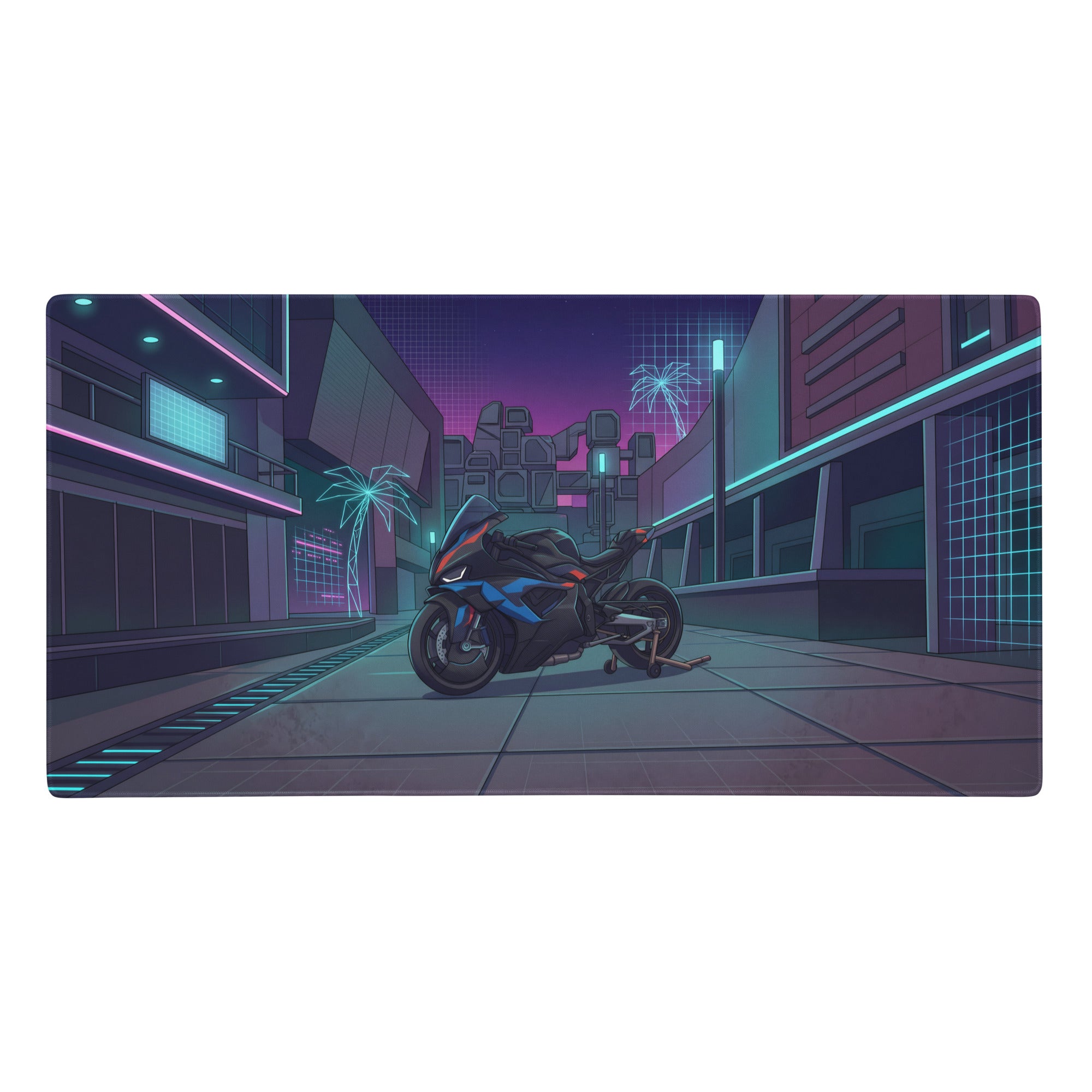 Bmw m1000rr inspired black blue vaporwave gaming mouse pad with neon sport motorcycle and futuristic city design