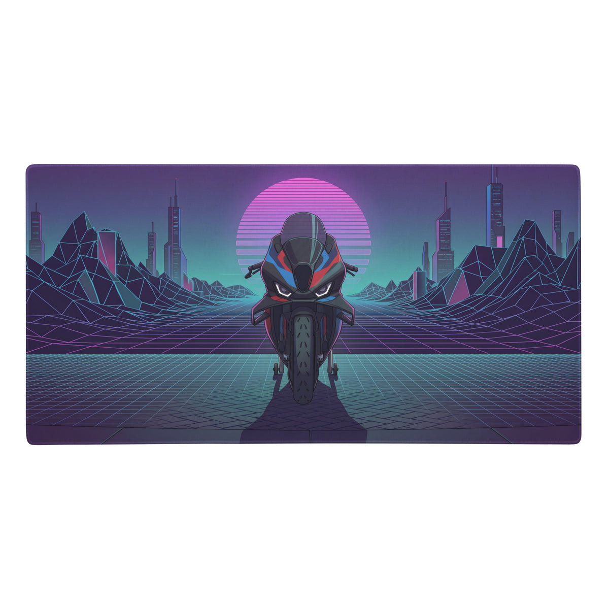 Bmw m1000rr inspired nineteen-inch neon cyberpunk gaming mousepad with black red motorcycle on purple teal cityscape