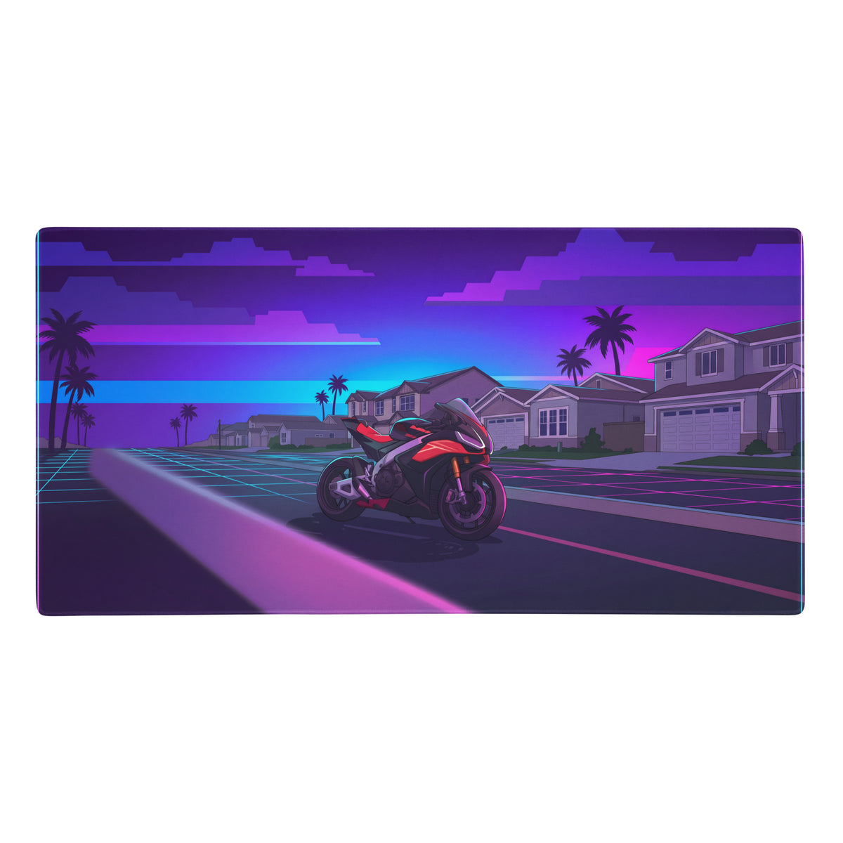 Aprilia rsv4 1100 factory inspired red purple vaporwave gaming mouse pad with neon suburban street sportbike art