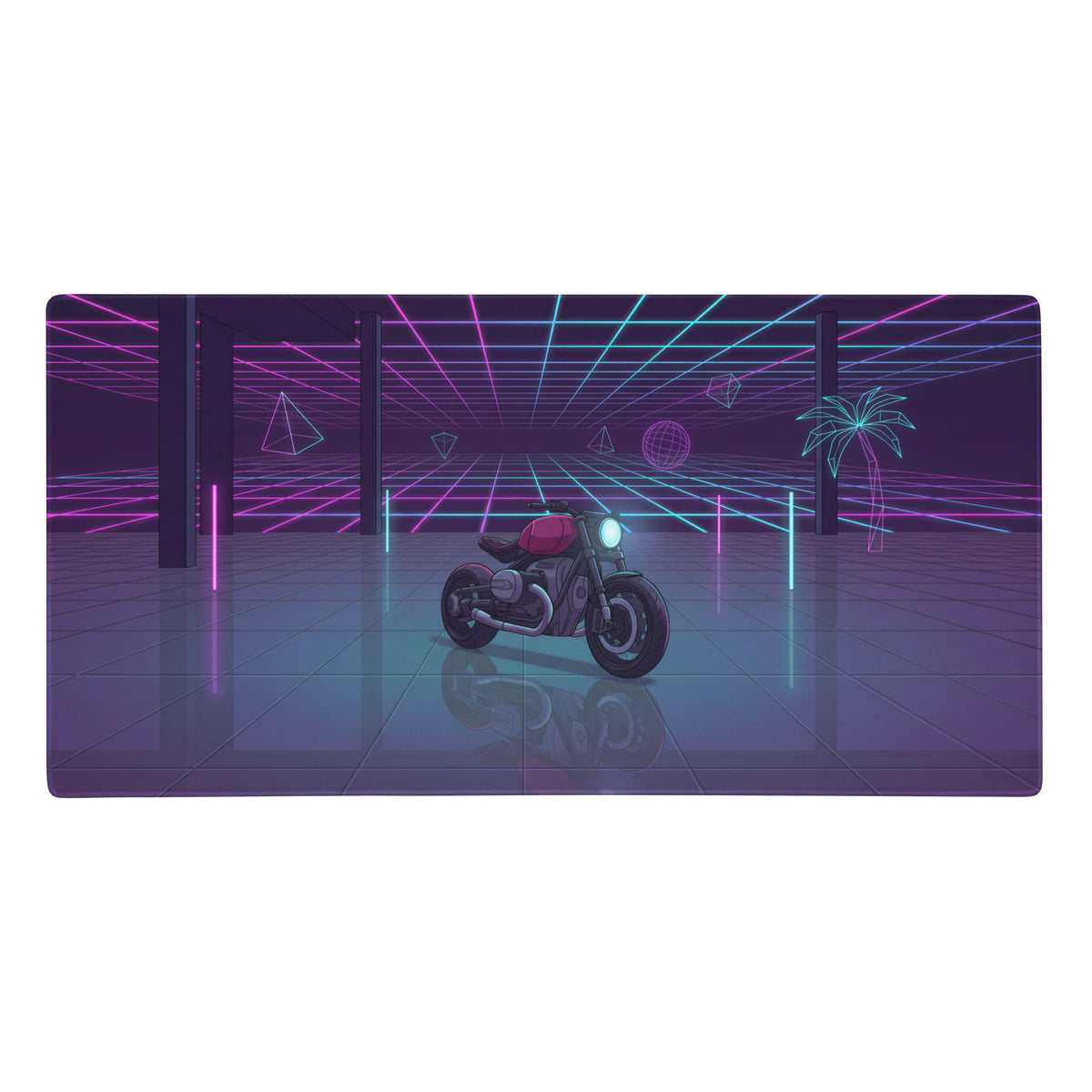 Bmw r ninet inspired purple cyan vaporwave gaming mouse pad featuring a red and black motorcycle in neon arena