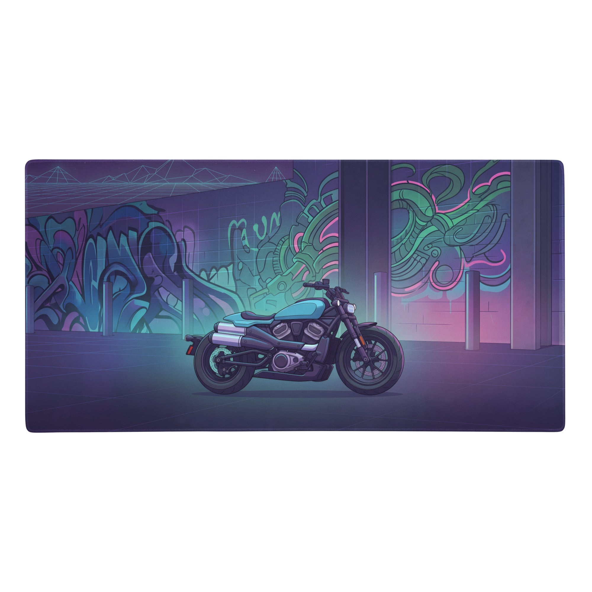 Sportster s inspired teal purple vaporwave gaming mouse pad featuring a teal and black motorcycle with neon graffiti design