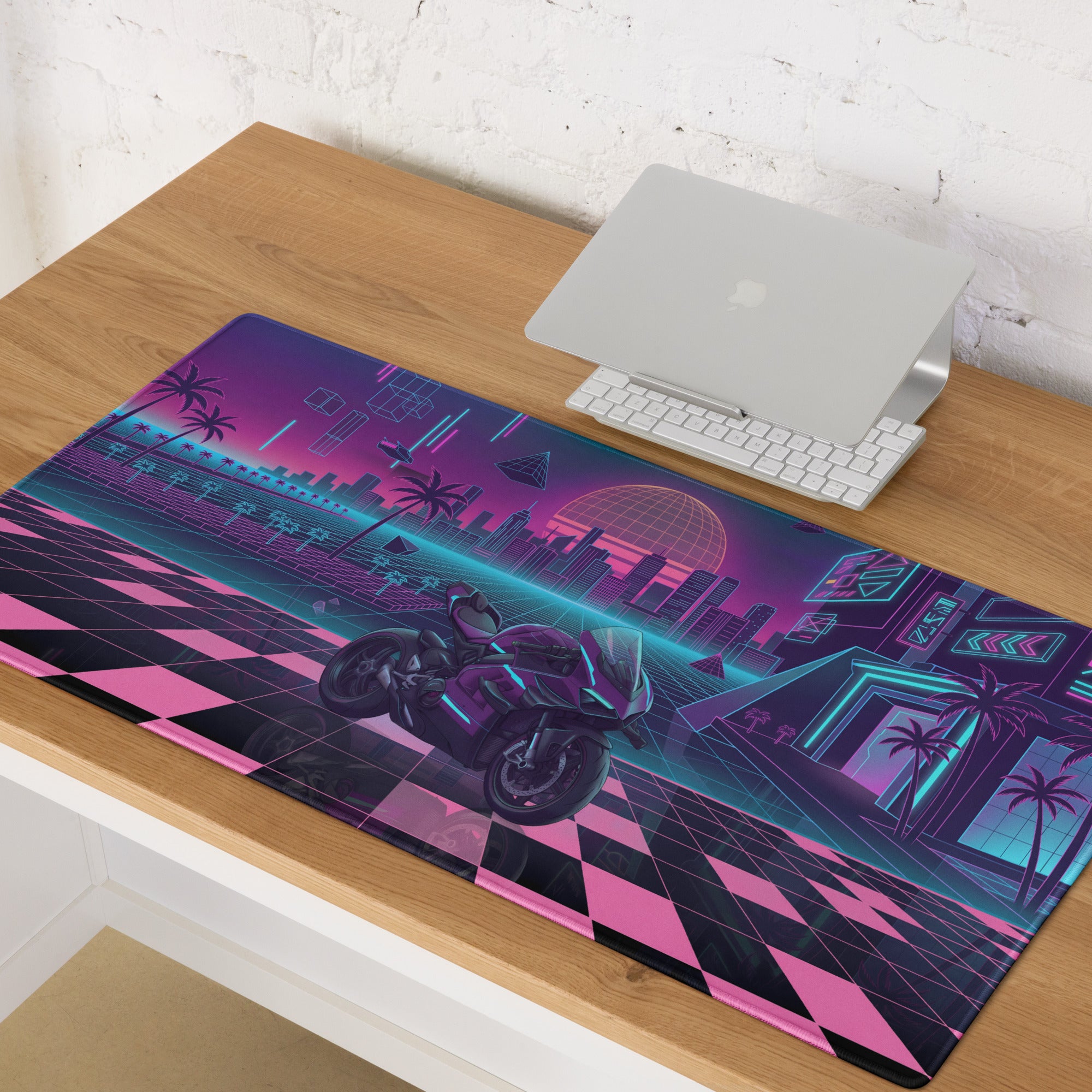 Ducati Superleggera Inspired Purple Pink Vaporwave Gaming Mouse Pad – Neon Cyberpunk City Desk Mat, Retro Futuristic Superbike Digital Artwork