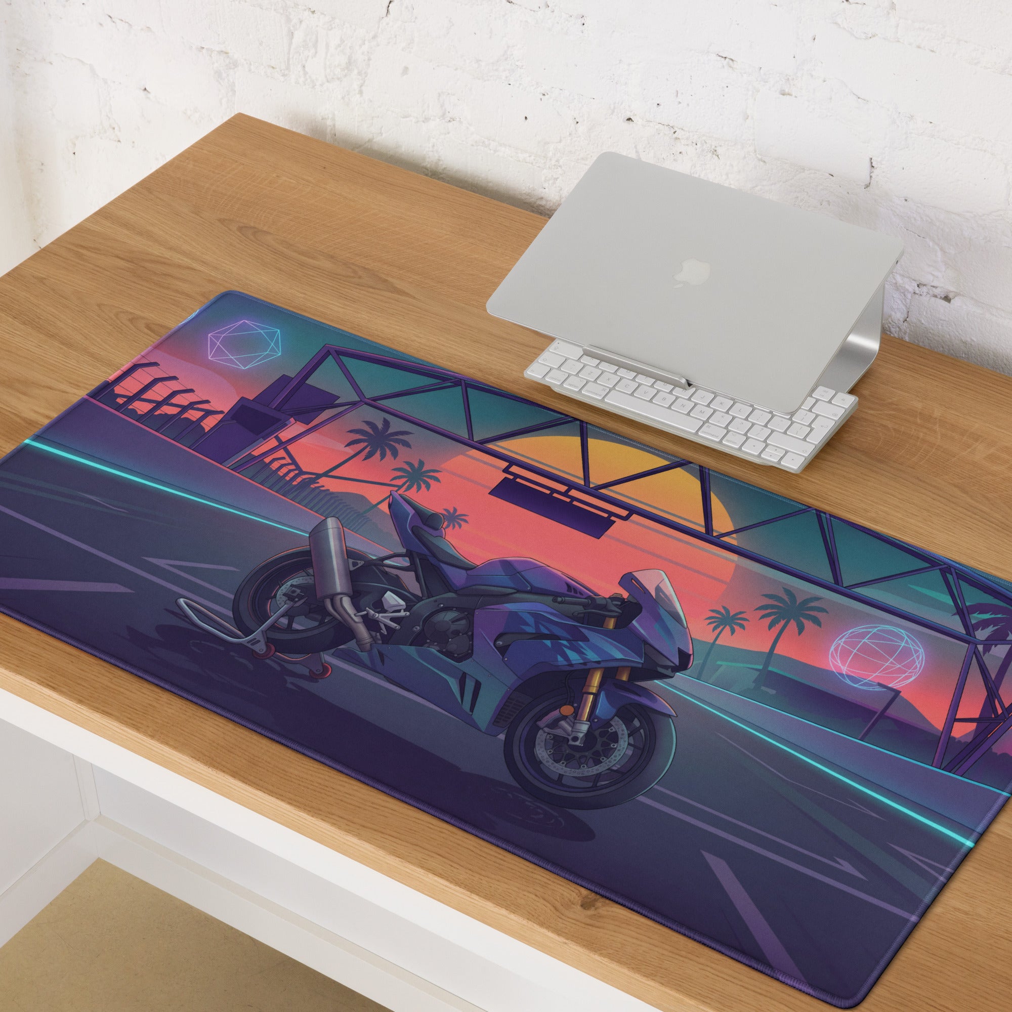 Honda CBR1000RR Fireblade Inspired Blue Vaporwave Gaming Mouse Pad – Neon Sunset Racetrack Desk Mat, Retro Futuristic Superbike Digital Artwork