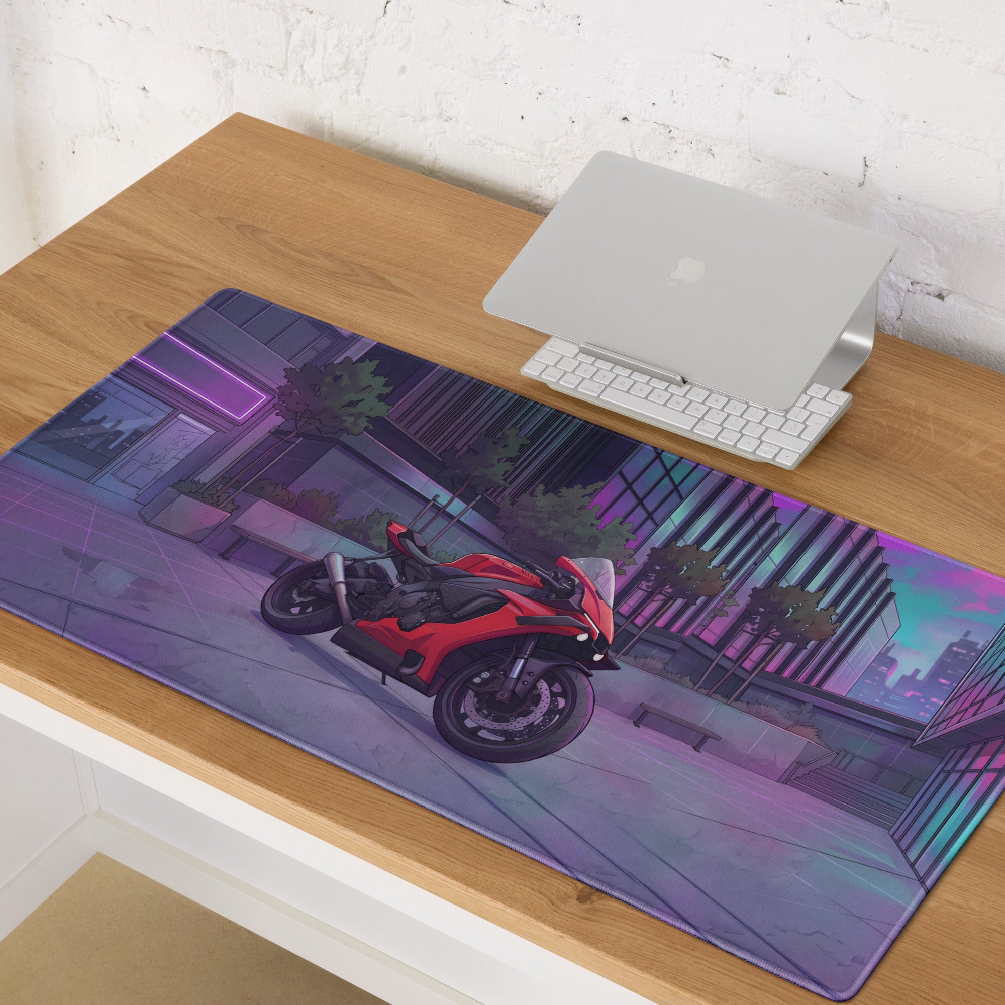 Yamaha YZF-R1 Inspired Red Purple Vaporwave Gaming Mouse Pad – Neon Cyberpunk City Desk Mat, Futuristic Superbike Digital Artwork