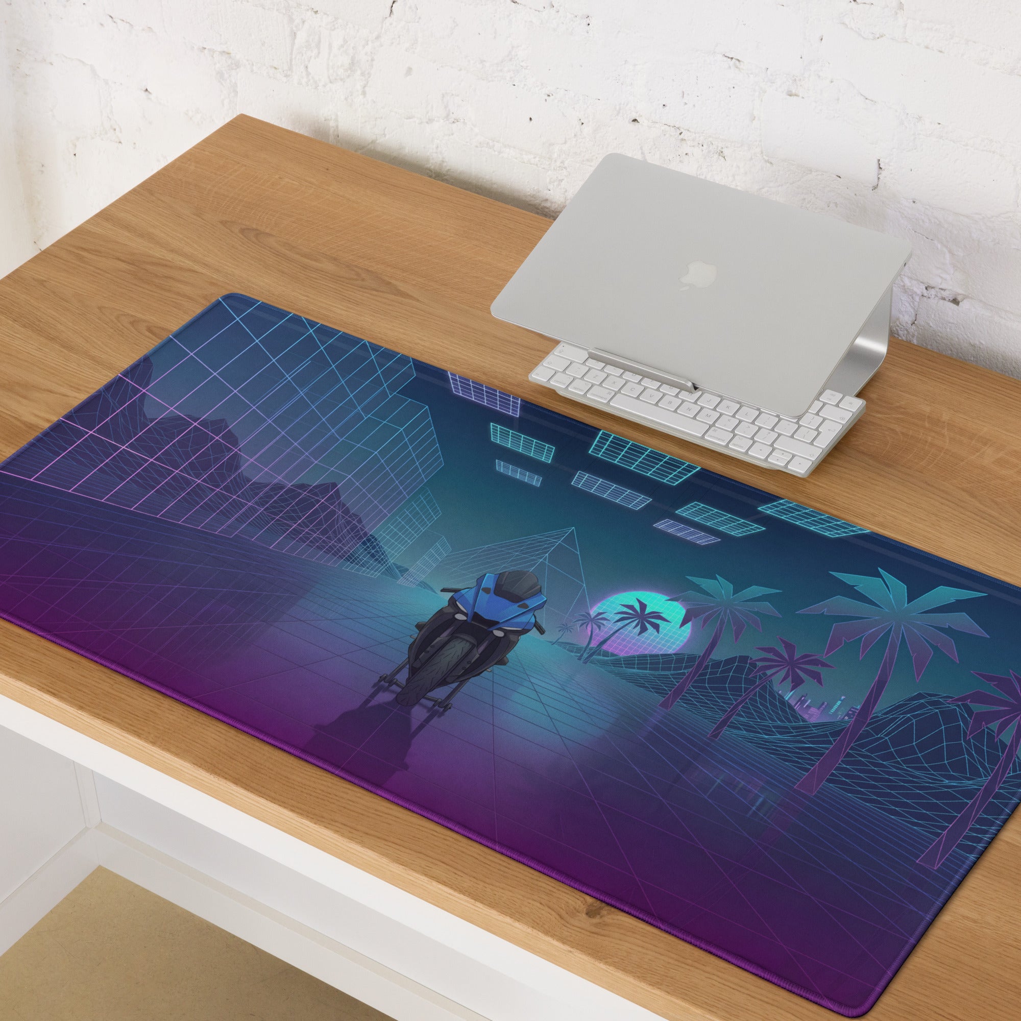 Yamaha YZF-R1 Inspired Blue Purple Vaporwave Gaming Mouse Pad – Neon Retro Grid Desk Mat, Futuristic Superbike Palm Tree Digital Artwork