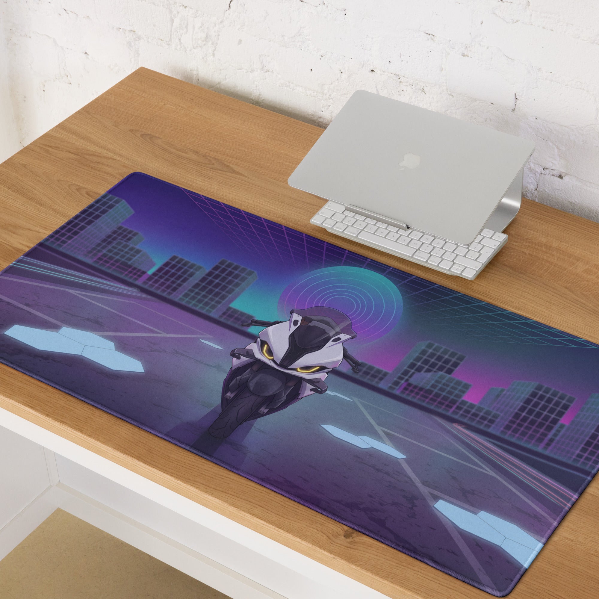 BMW S 1000 RR Inspired White Purple Vaporwave Gaming Mouse Pad – Neon Cyber City Desk Mat, Futuristic Superbike Digital Artwork