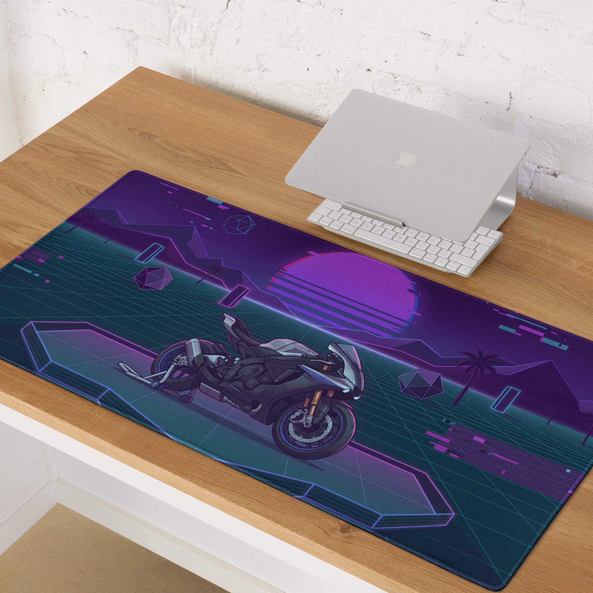 Yamaha YZF-R1M Inspired Silver Purple Vaporwave Gaming Mouse Pad – Neon Sunset Grid Desk Mat, Retro Futuristic Superbike Digital Artwork