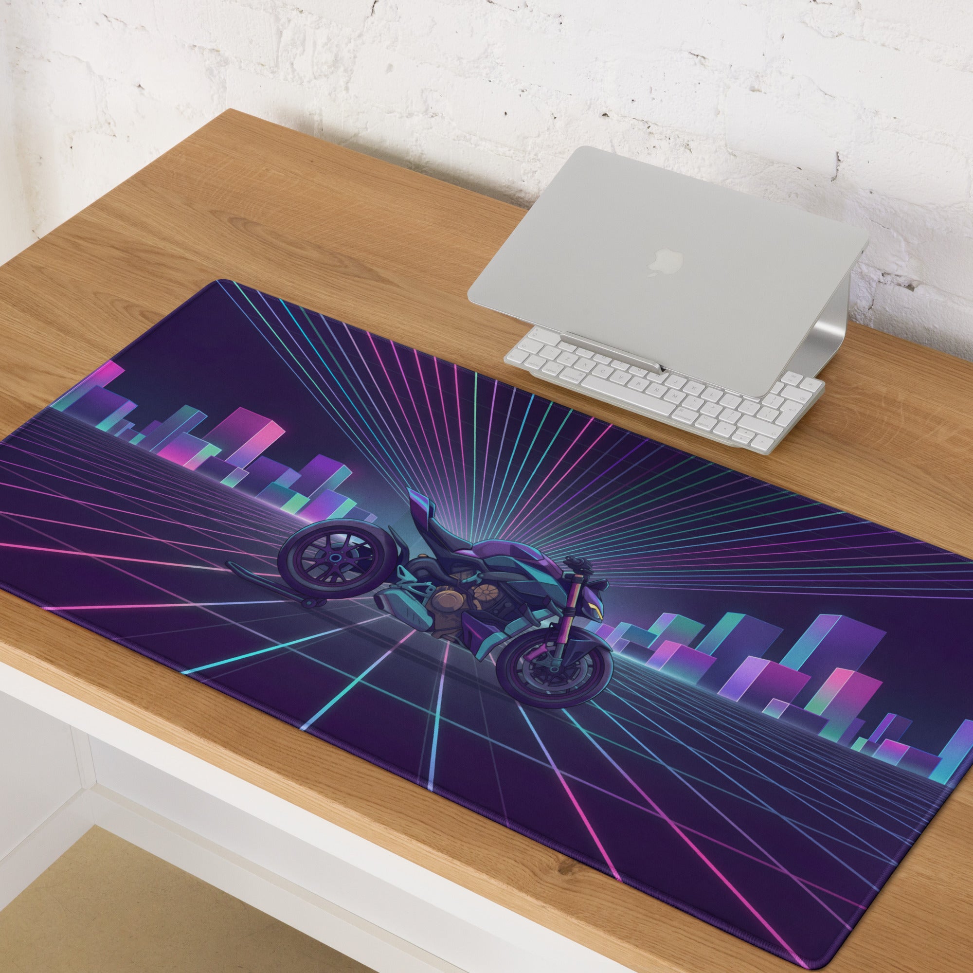Ducati Streetfighter V4 Inspired Teal Purple Vaporwave Gaming Mouse Pad – Neon Cyber City Desk Mat, Retro Futuristic Motorcycle Digital Artwork