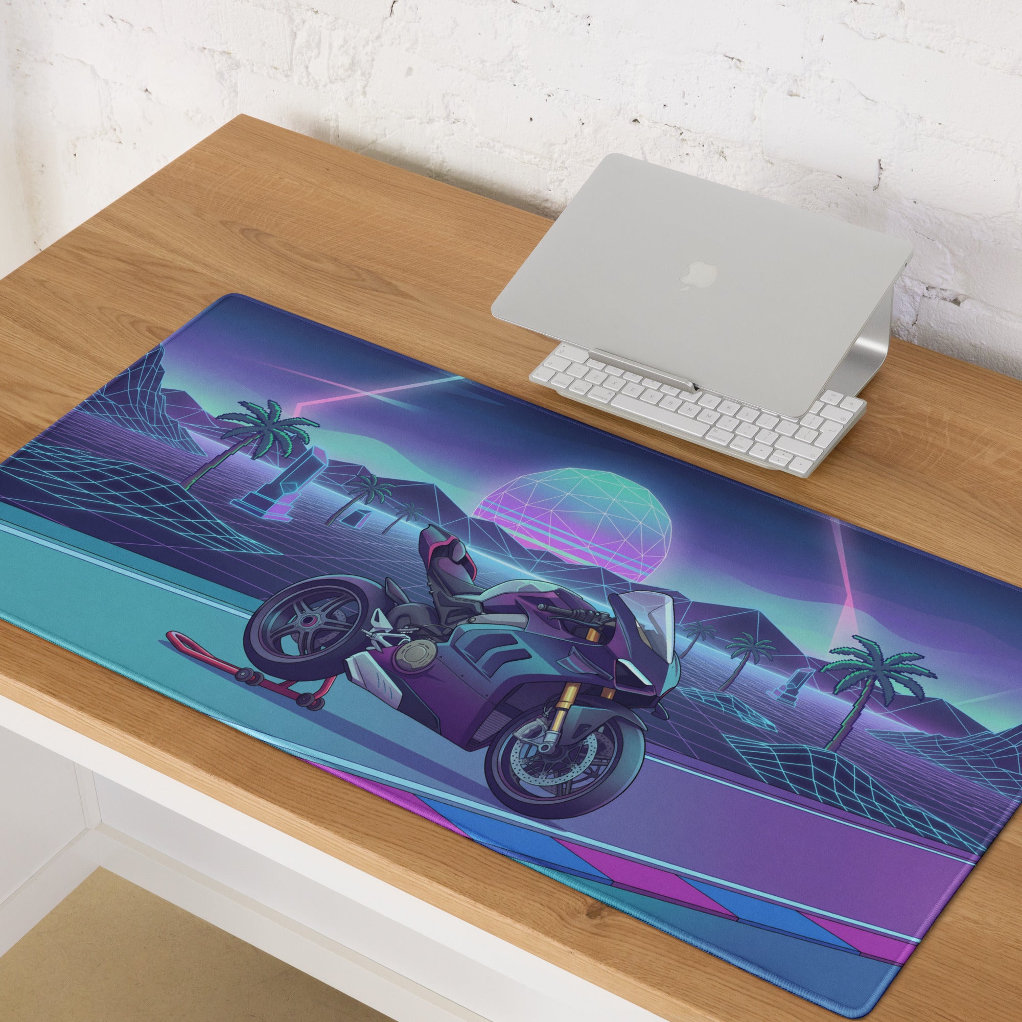 Ducati Panigale V4 Inspired Teal Purple Vaporwave Gaming Mouse Pad – Neon Sunset Grid Racetrack Desk Mat, Retro Futuristic Superbike Artwork