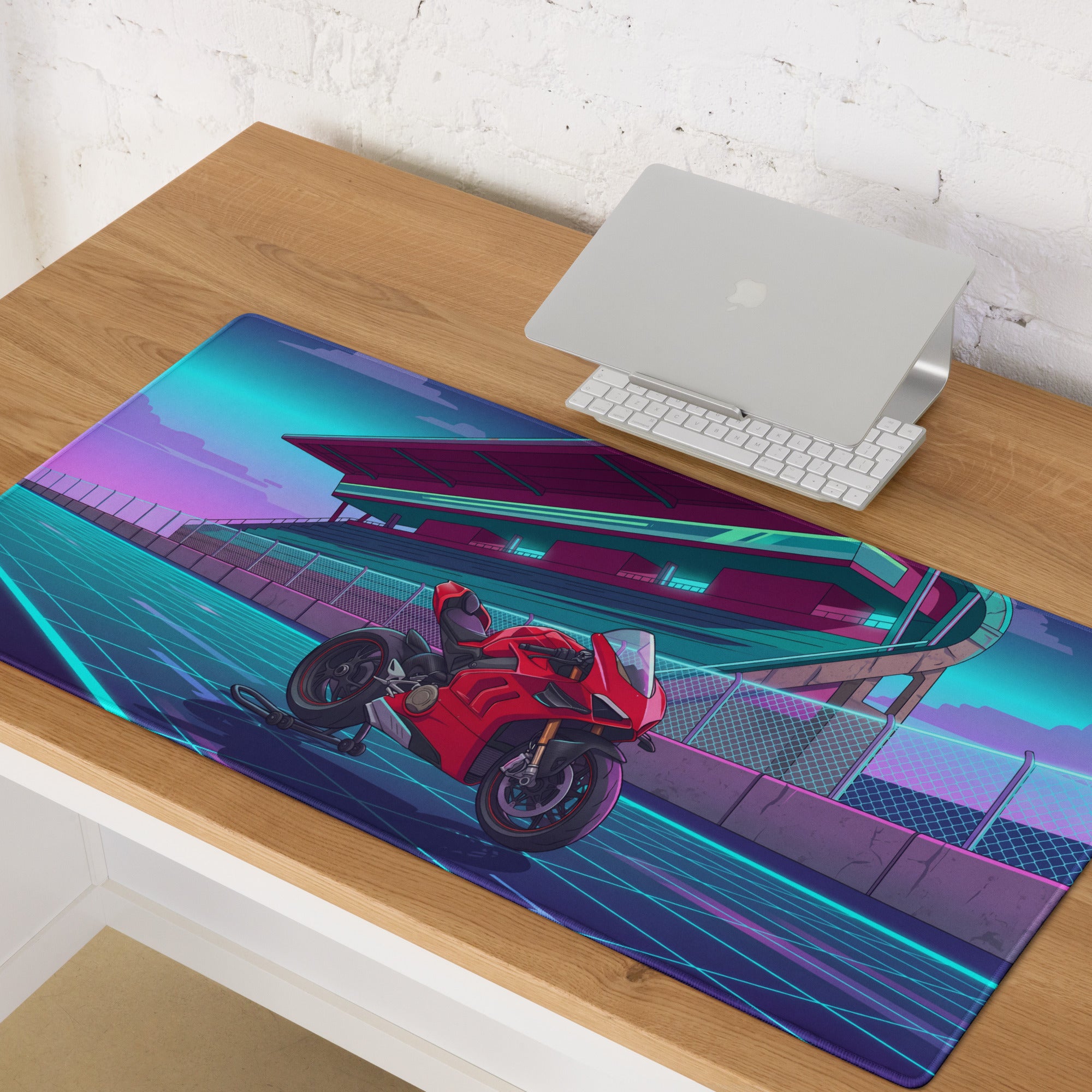 Ducati Panigale V4 Inspired Red Cyan Vaporwave Gaming Mouse Pad – Neon Futuristic Racetrack Desk Mat, Retro Superbike Digital Artwork