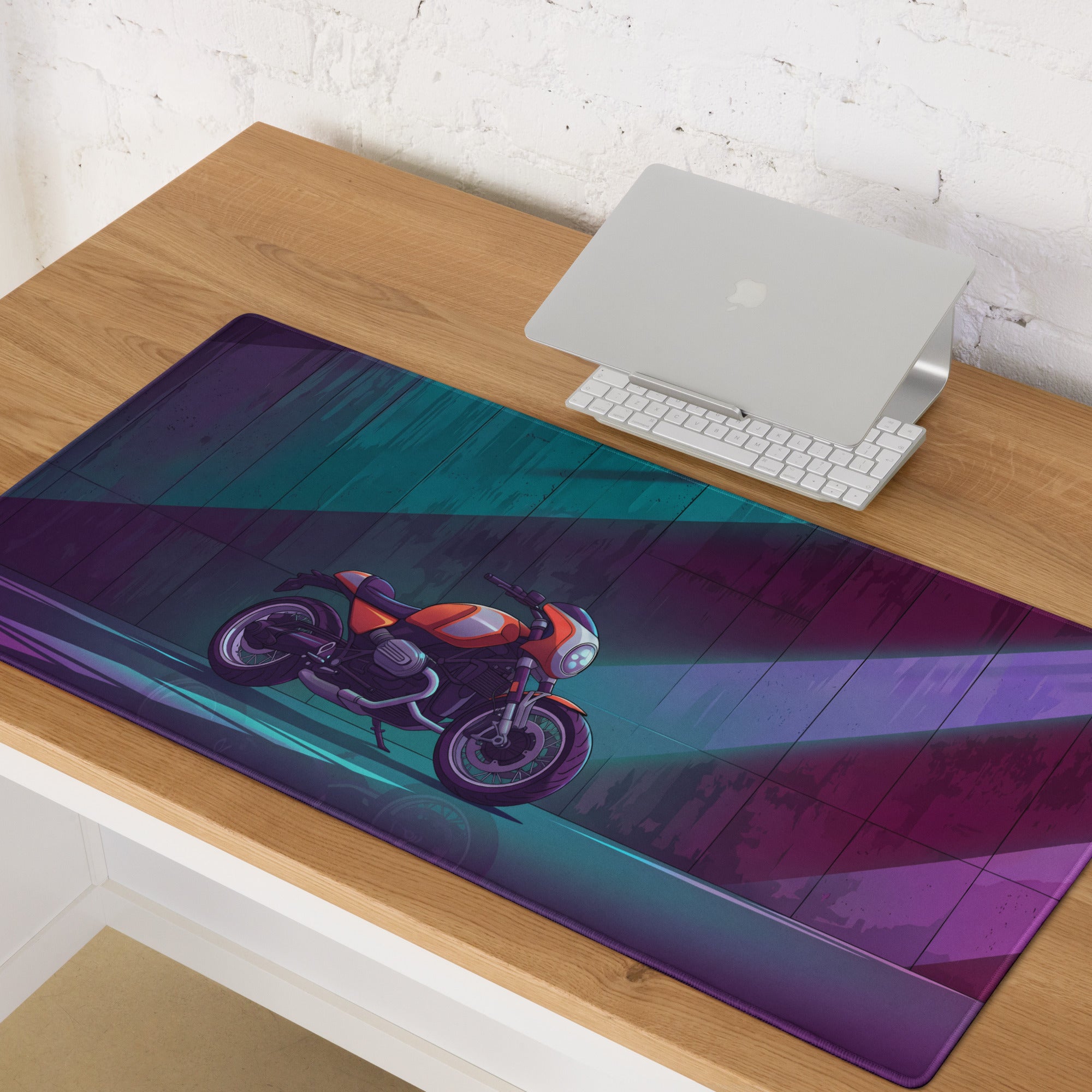 BMW R nineT Racer Inspired Orange Purple Vaporwave Gaming Mouse Pad – Neon Cyberpunk Garage Desk Mat, Retro Futuristic Café Racer Artwork