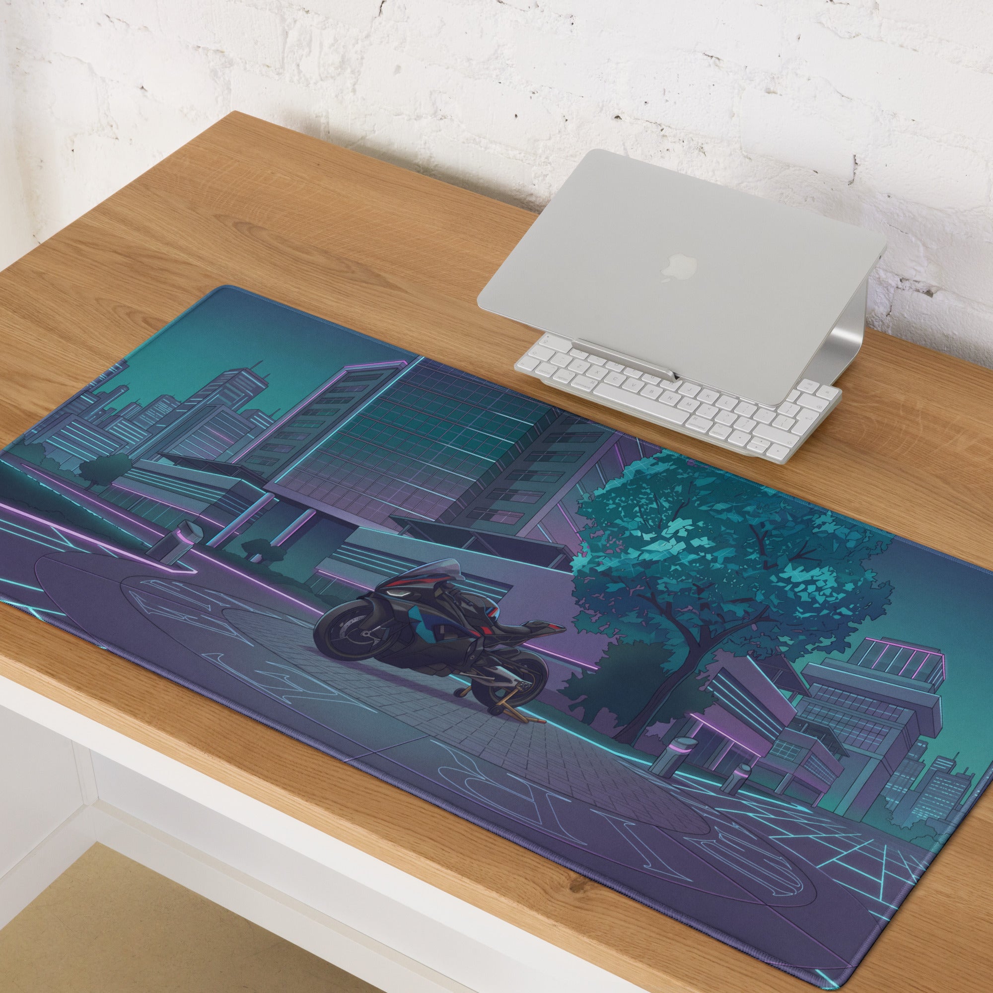 BMW M 1000 RR Inspired Black Teal Vaporwave Gaming Mouse Pad – Neon Cyber City Desk Mat, Futuristic Sportbike Digital Artwork